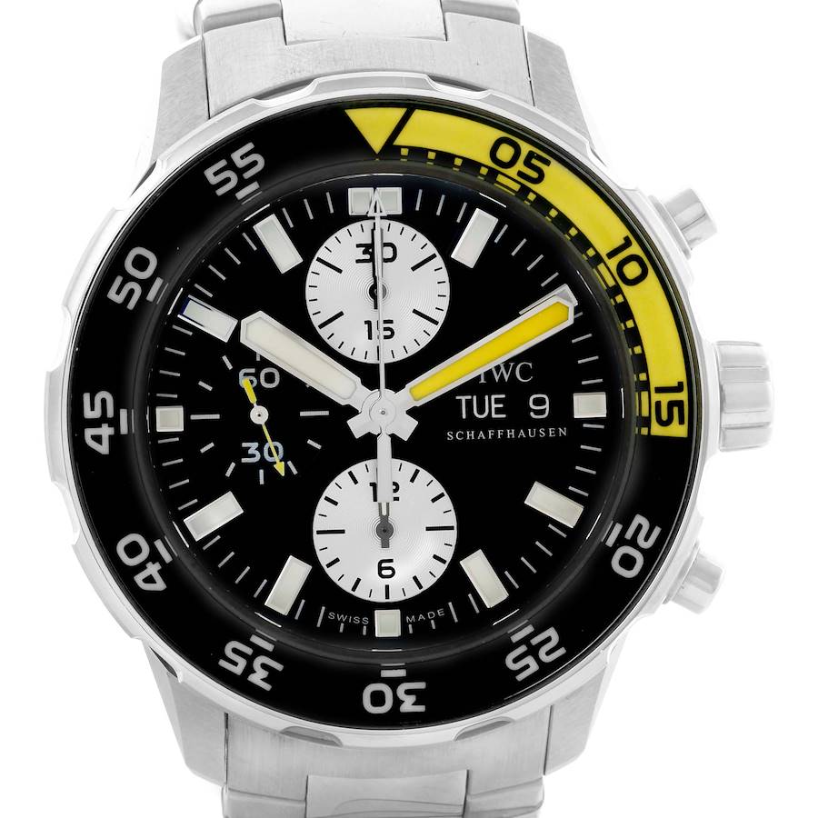 The image shows a front view of the IWC Aquatimer watch displaying its face, bezel, and part of the bracelet.