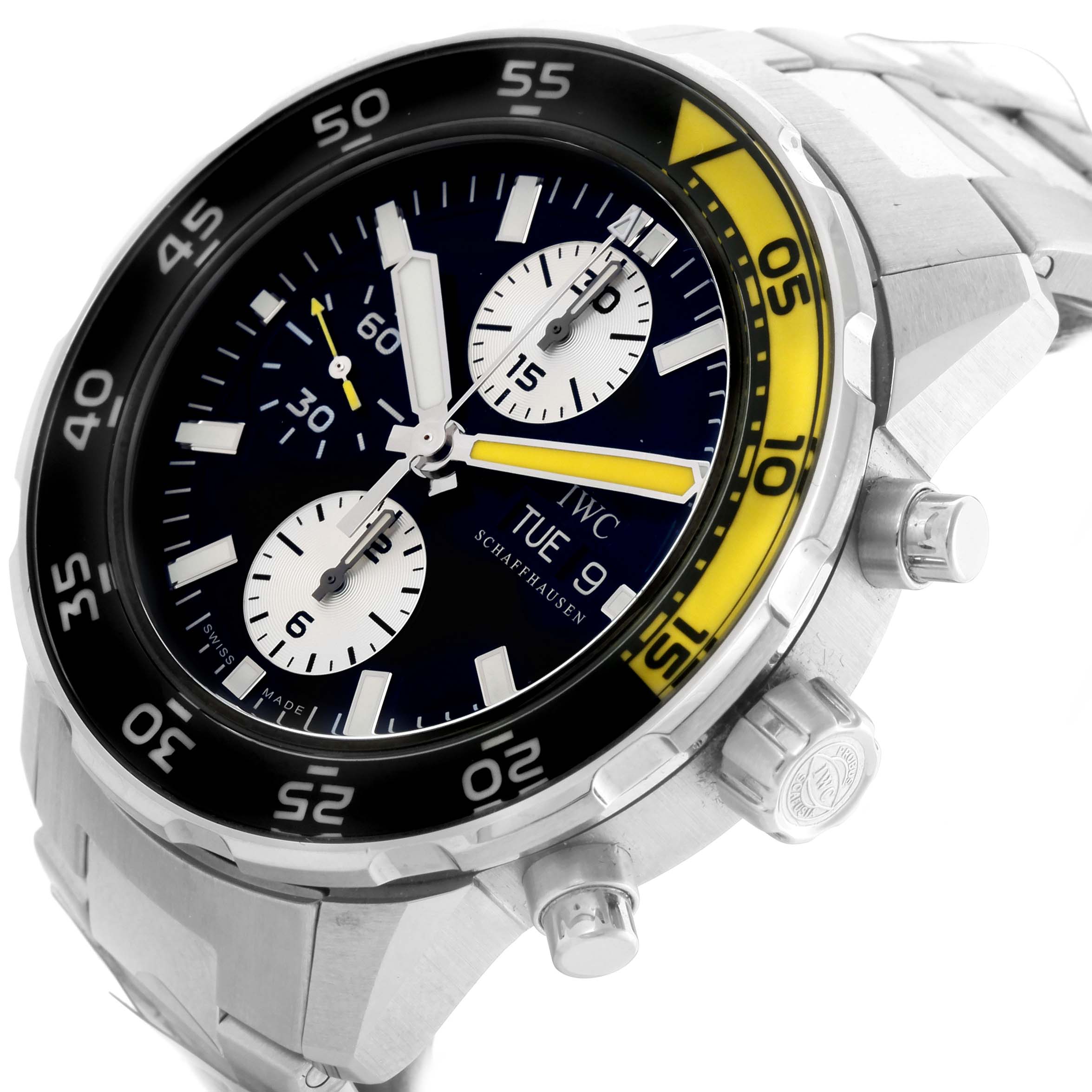 The image shows the IWC Aquatimer IW376701 Men's Stainless Steel Black Dial IW376701 Men's Stainless Steel Black Dial watch at an angled view, highlighting the face, bezel, crown, and stainless steel bracelet.