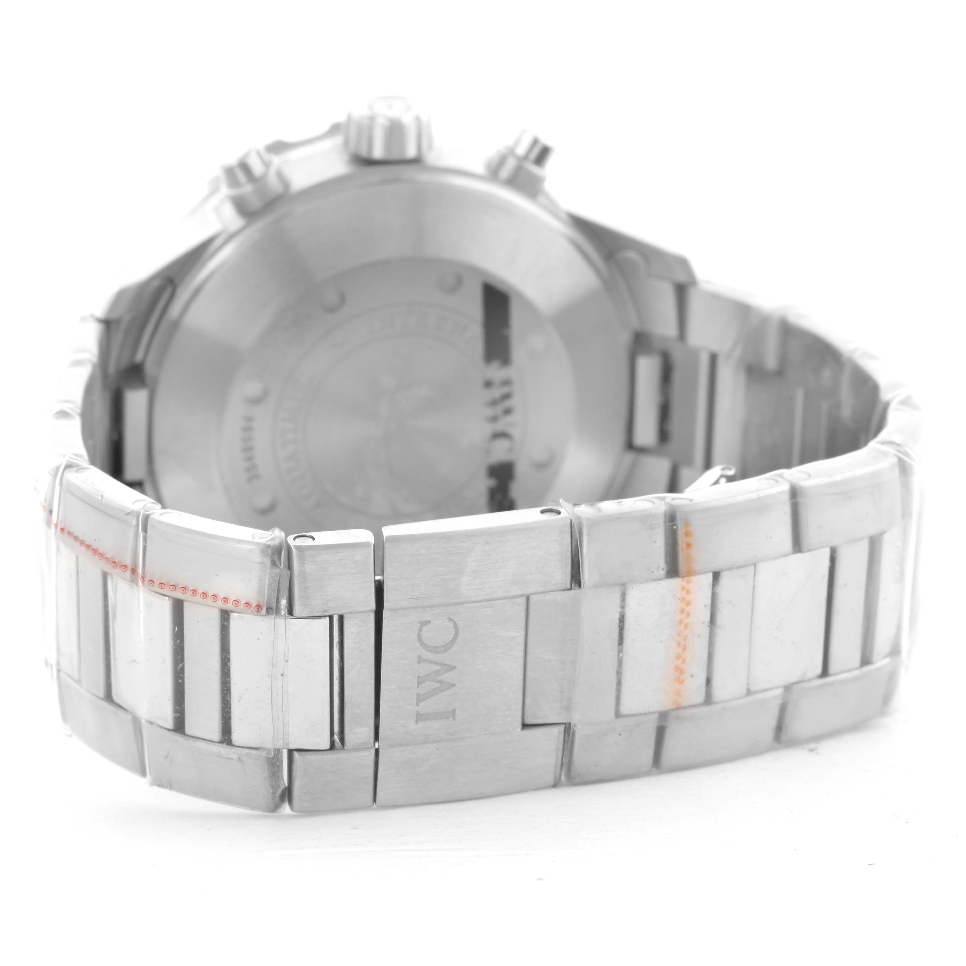 The image shows the back of an IWC Aquatimer IW376701 Men's Stainless Steel Black Dial IW376701 Men's Stainless Steel Black Dial watch, focusing on the clasp and part of the stainless steel bracelet.