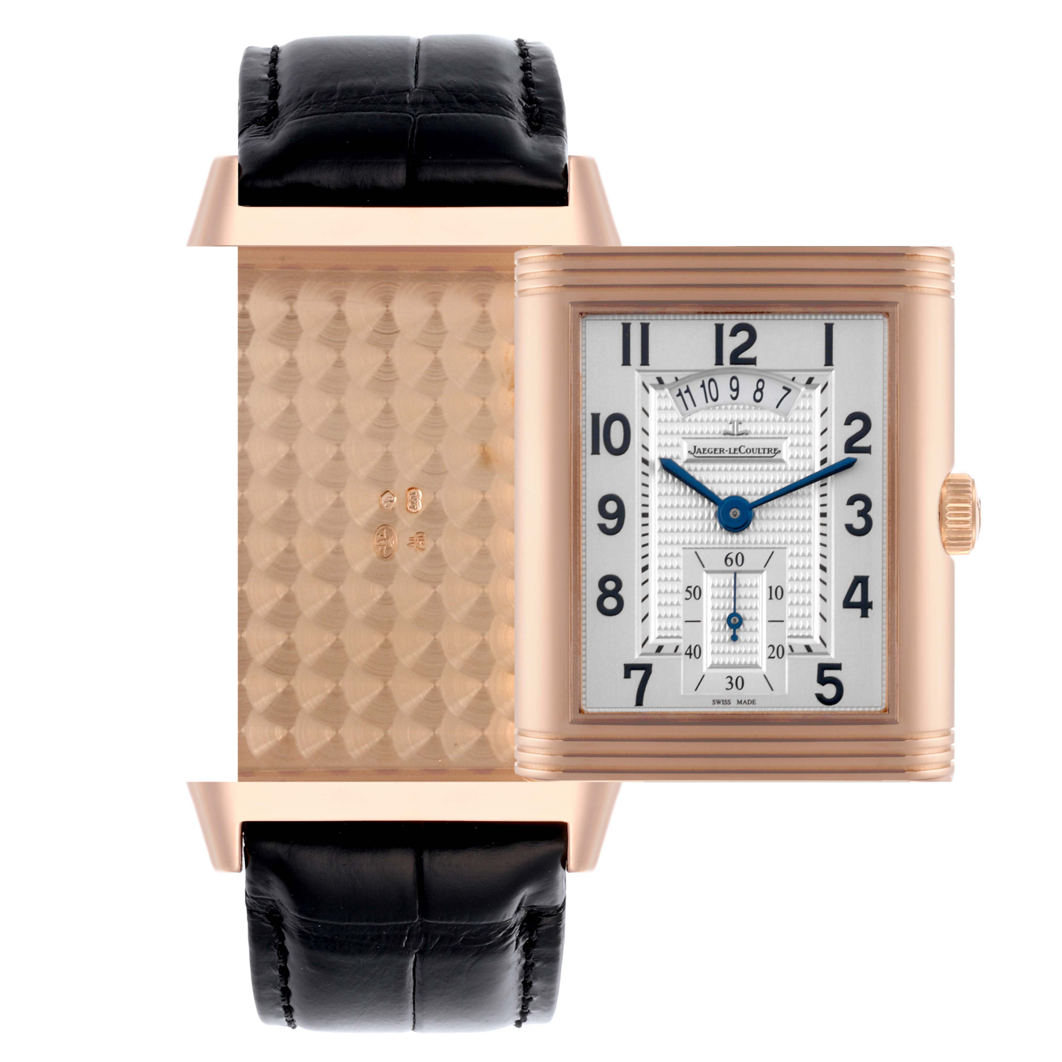 The Jaeger-LeCoultre Reverso shows a front view with its case flipped to reveal the reverse side and its textured pattern.