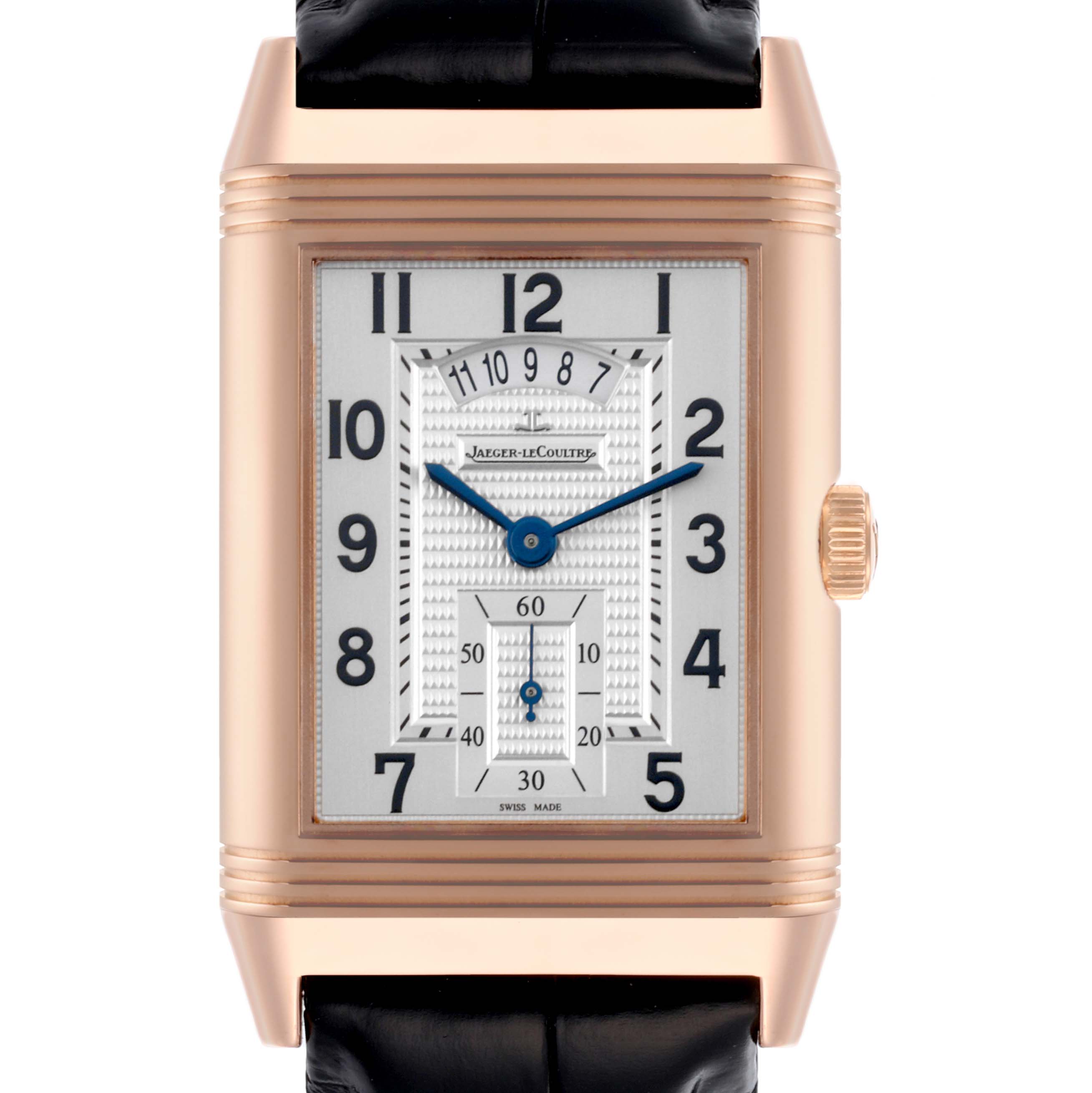 The Jaeger-LeCoultre Reverso watch is shown from the front, displaying the face, case, numerals, and crown.