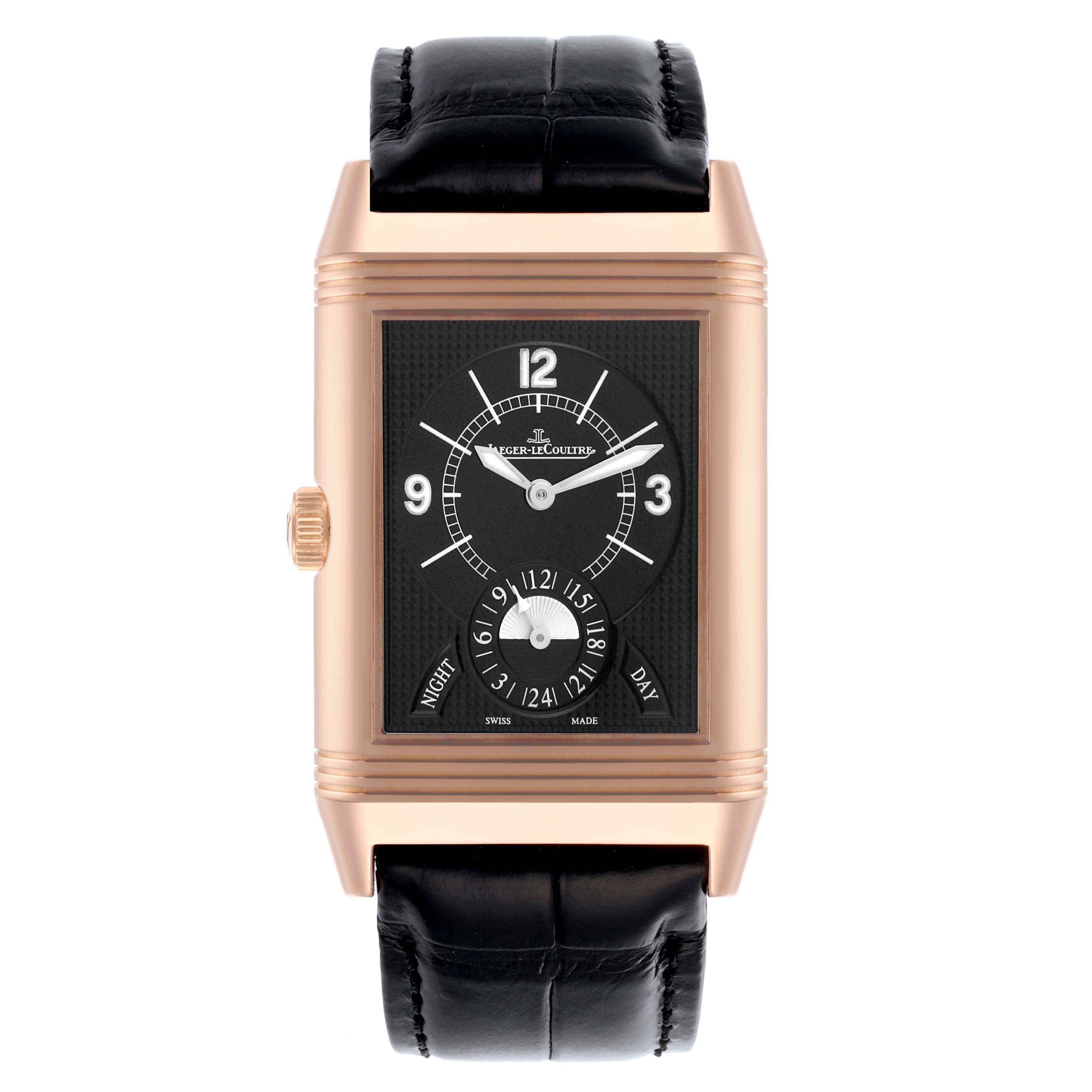 The Jaeger-LeCoultre Reverso watch is shown from the front, highlighting its dial, case, and leather strap.
