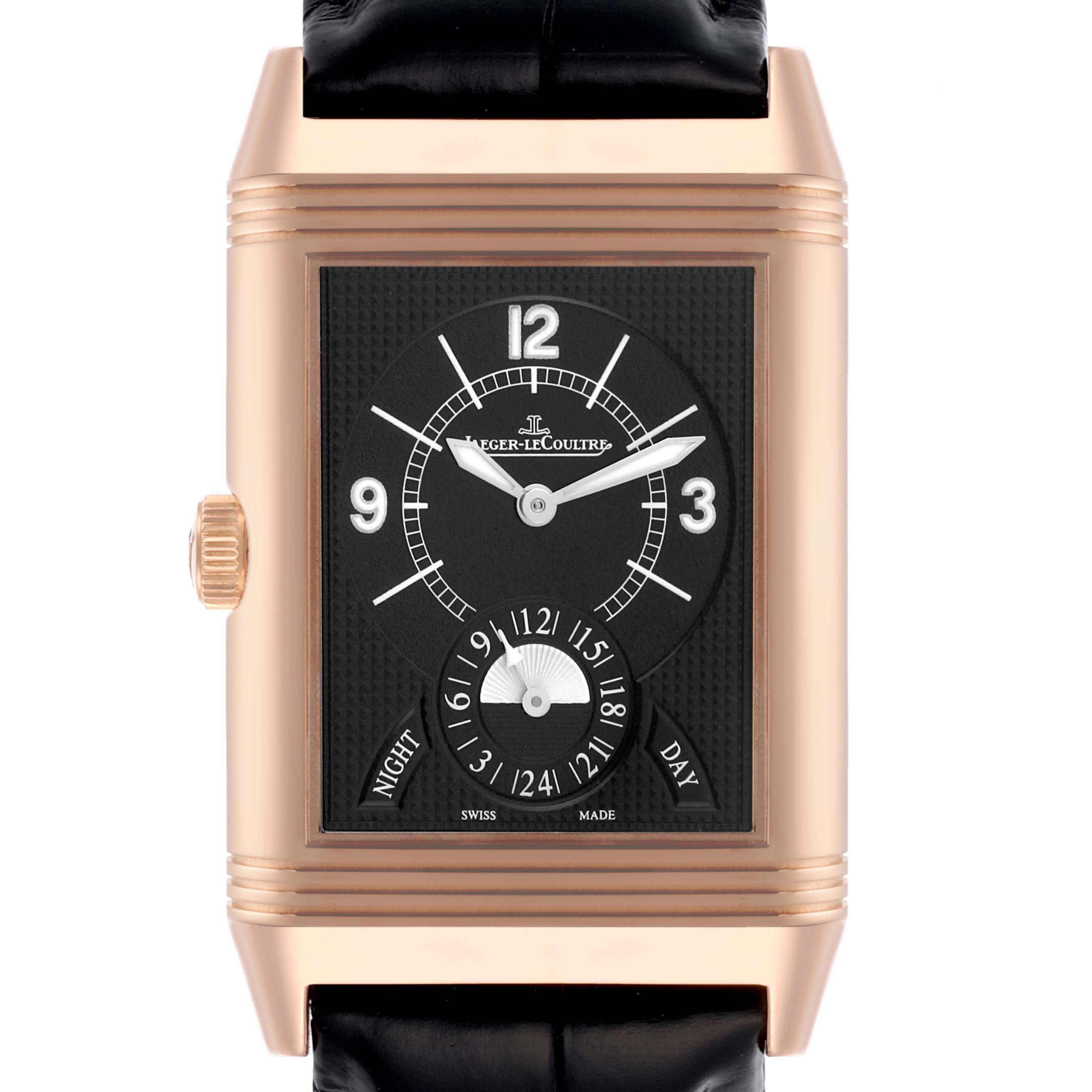 The Jaeger LeCoultre Reverso Q3742521 Men's Rose Gold Black Dial Q3742521 Men's Rose Gold Black Dial watch is shown from the front, highlighting the dial, case, and strap.