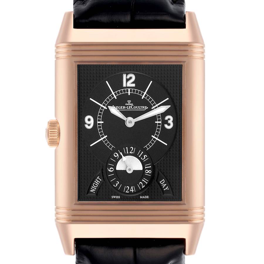 The Jaeger LeCoultre Reverso watch is shown from the front, highlighting the dial, case, and strap.