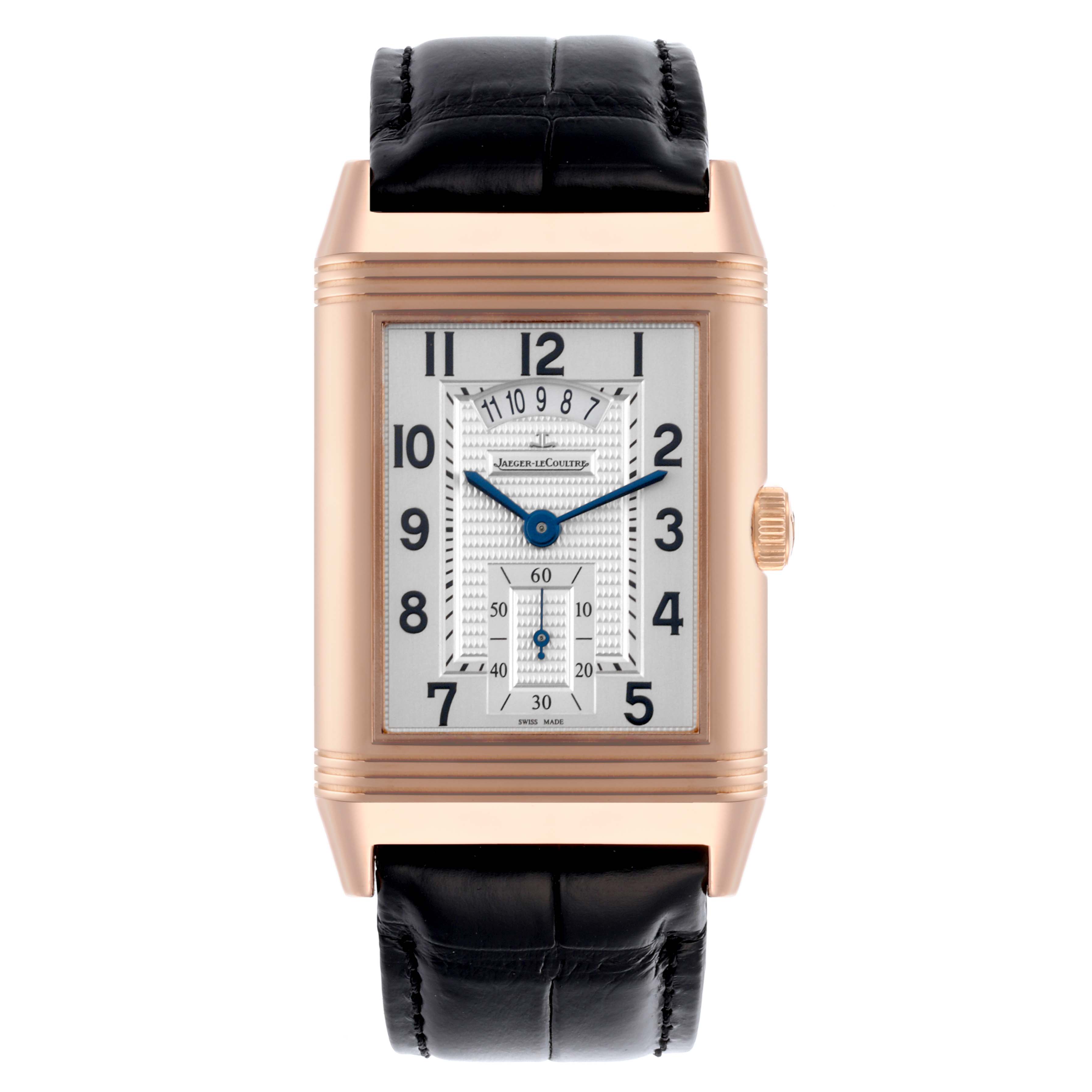 The image shows a frontal view of the Jaeger-LeCoultre Reverso watch, highlighting its face, case, crown, and leather strap.
