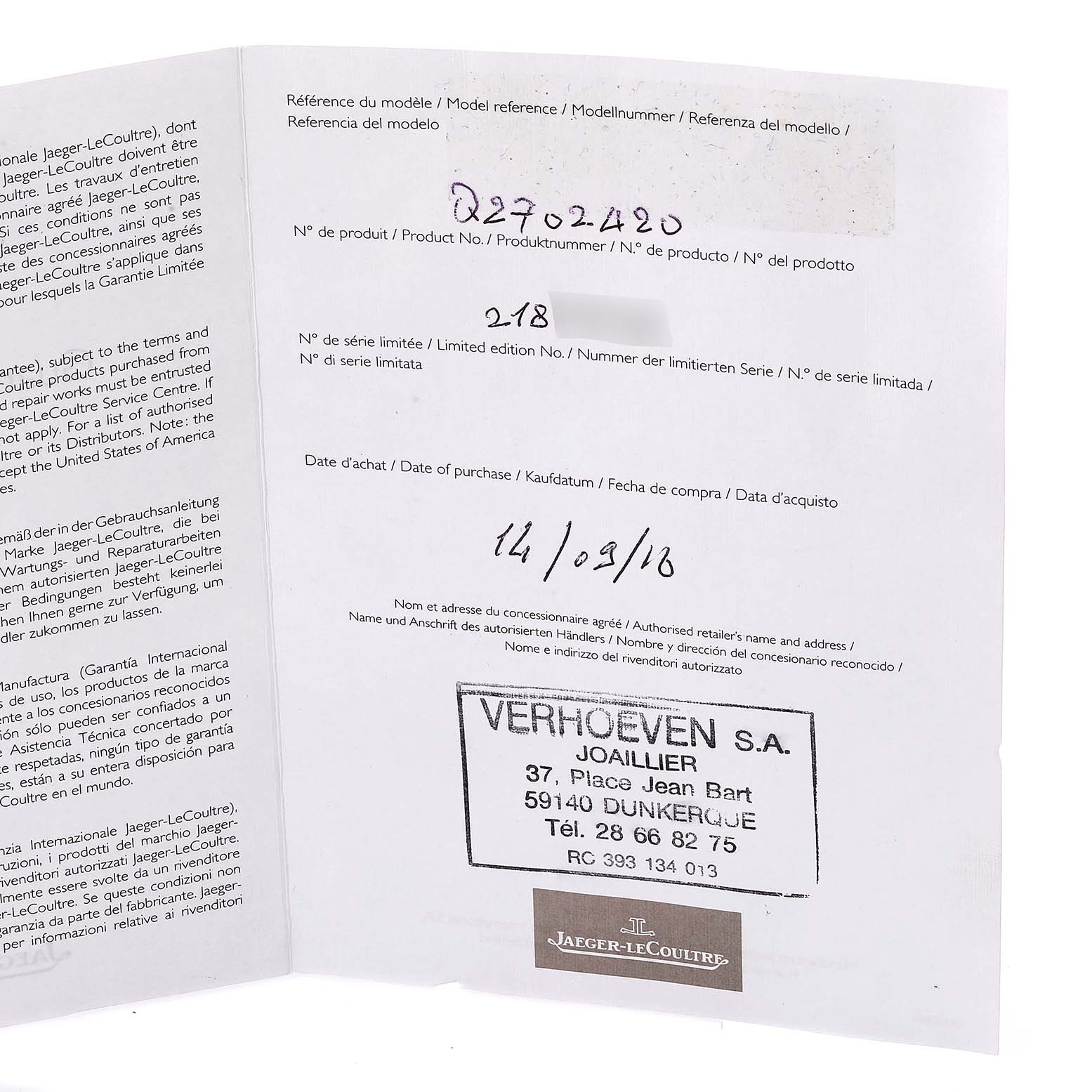 The image shows documentation for a Jaeger LeCoultre Reverso Q2702420 Men
s Rose Gold Silver Dial Q2702420 Men
s Rose Gold Silver Dial watch, including the model and product numbers, purchase date, and retailer information.