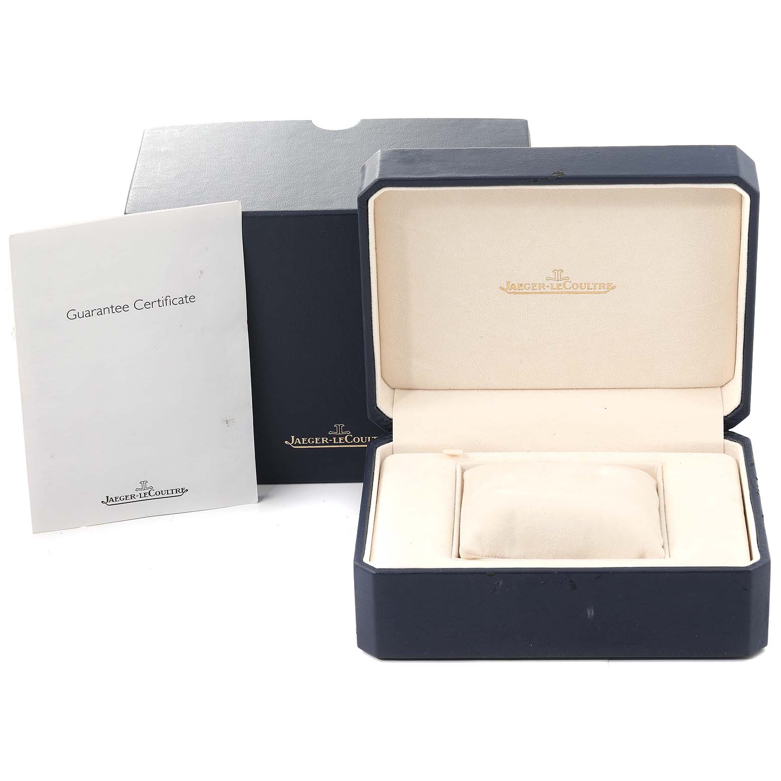 The image shows the packaging and guarantee certificate of a Jaeger LeCoultre Reverso Q2702420 Men
s Rose Gold Silver Dial Q2702420 Men
s Rose Gold Silver Dial watch, including the watch box and outer box.