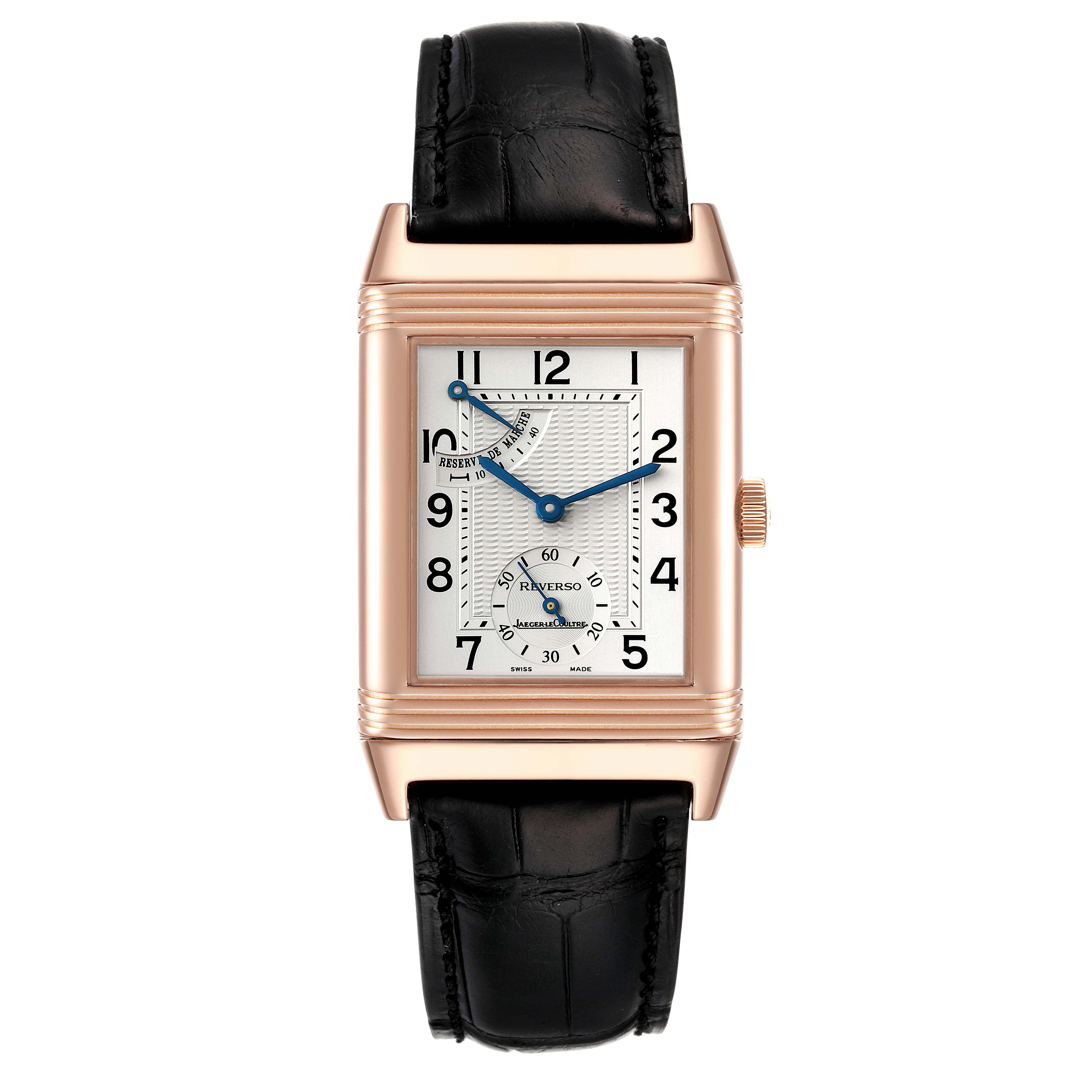 This Jaeger LeCoultre Reverso Q2702420 Men
s Rose Gold Silver Dial Q2702420 Men
s Rose Gold Silver Dial watch is shown from the front, displaying the dial, hands, and black leather strap.