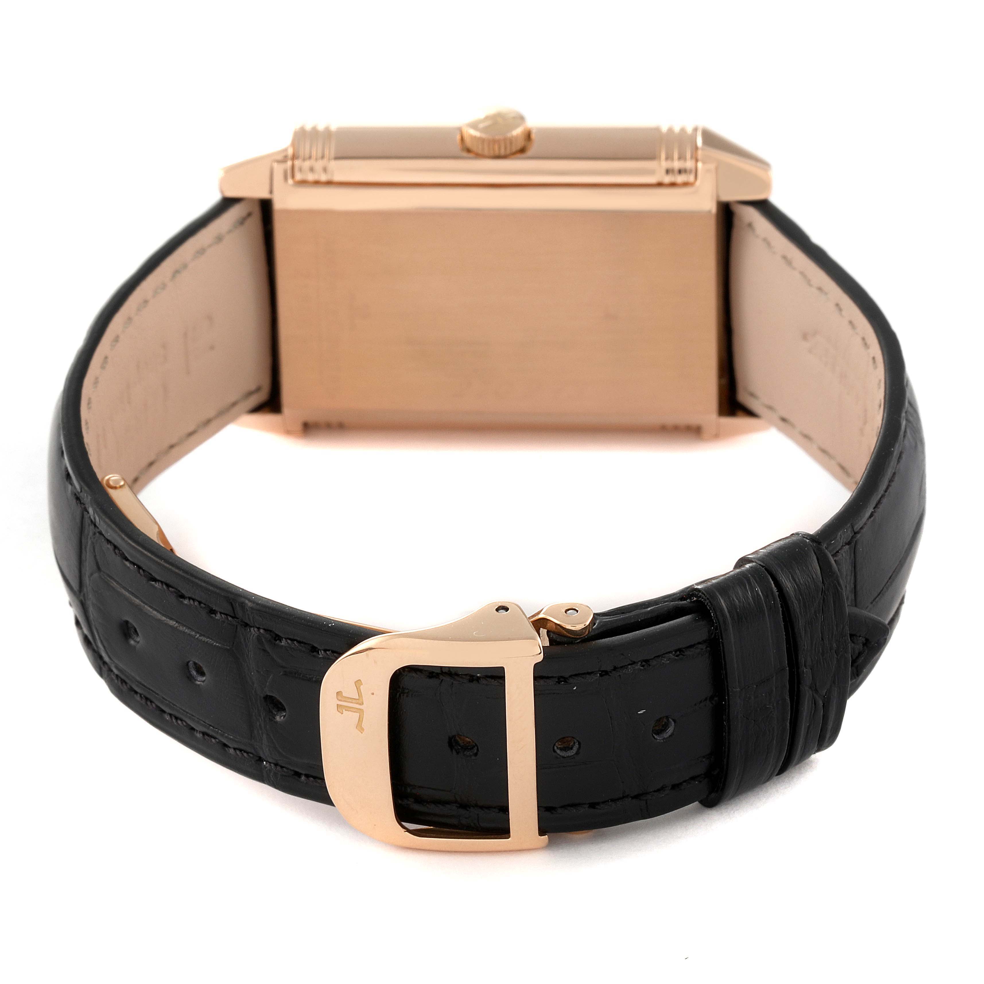 The image shows the back case and black leather strap of a Jaeger LeCoultre Reverso Q2702420 Men
s Rose Gold Silver Dial Q2702420 Men
s Rose Gold Silver Dial watch.