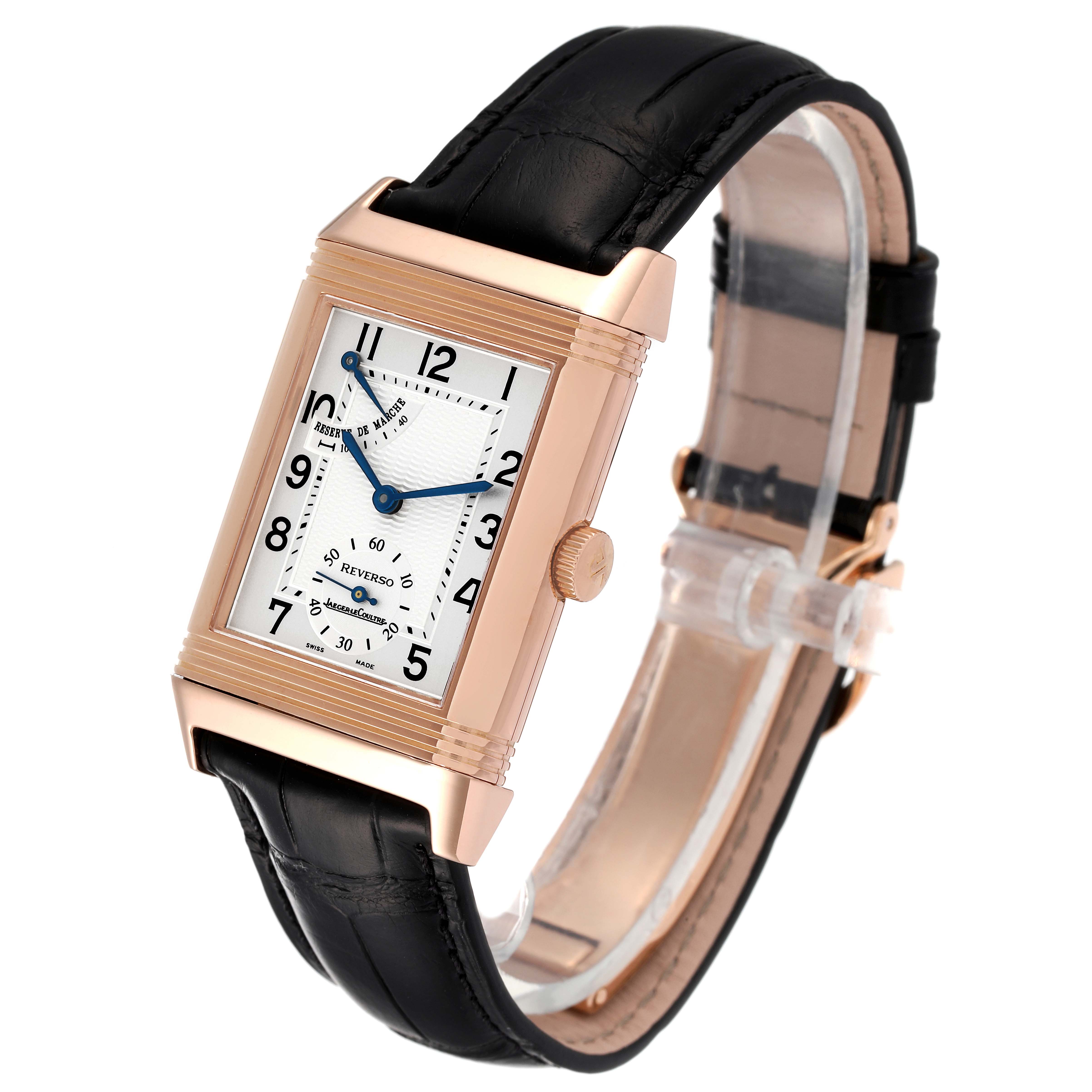This Jaeger-LeCoultre Reverso watch is shown at a slight angle, displaying the face, crown, and black leather strap.