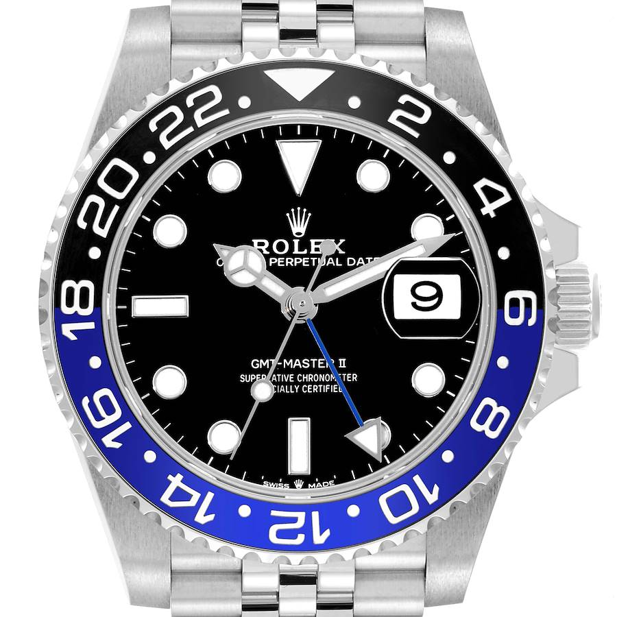 The image shows a front view of the Rolex GMT-Master II watch, highlighting its bezel, dial, and date window.