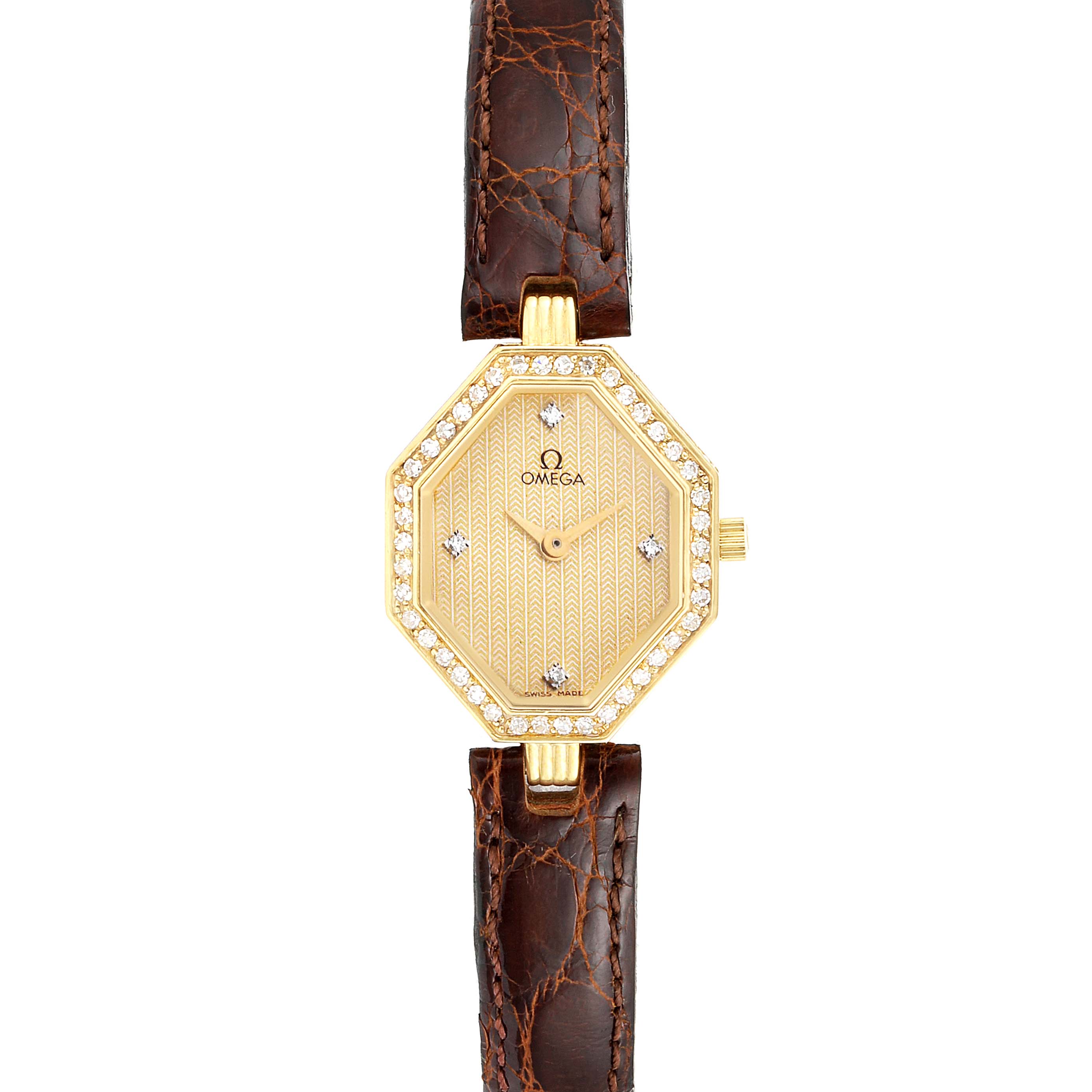 The image shows a front view of the Omega 1450 Women's Yellow Gold Champagne Dial 1450 Women's Yellow Gold Champagne Dial DeVille Mini Yellow Gold Diamond Cocktail Ladies Watch 1450, featuring the watch face and strap.