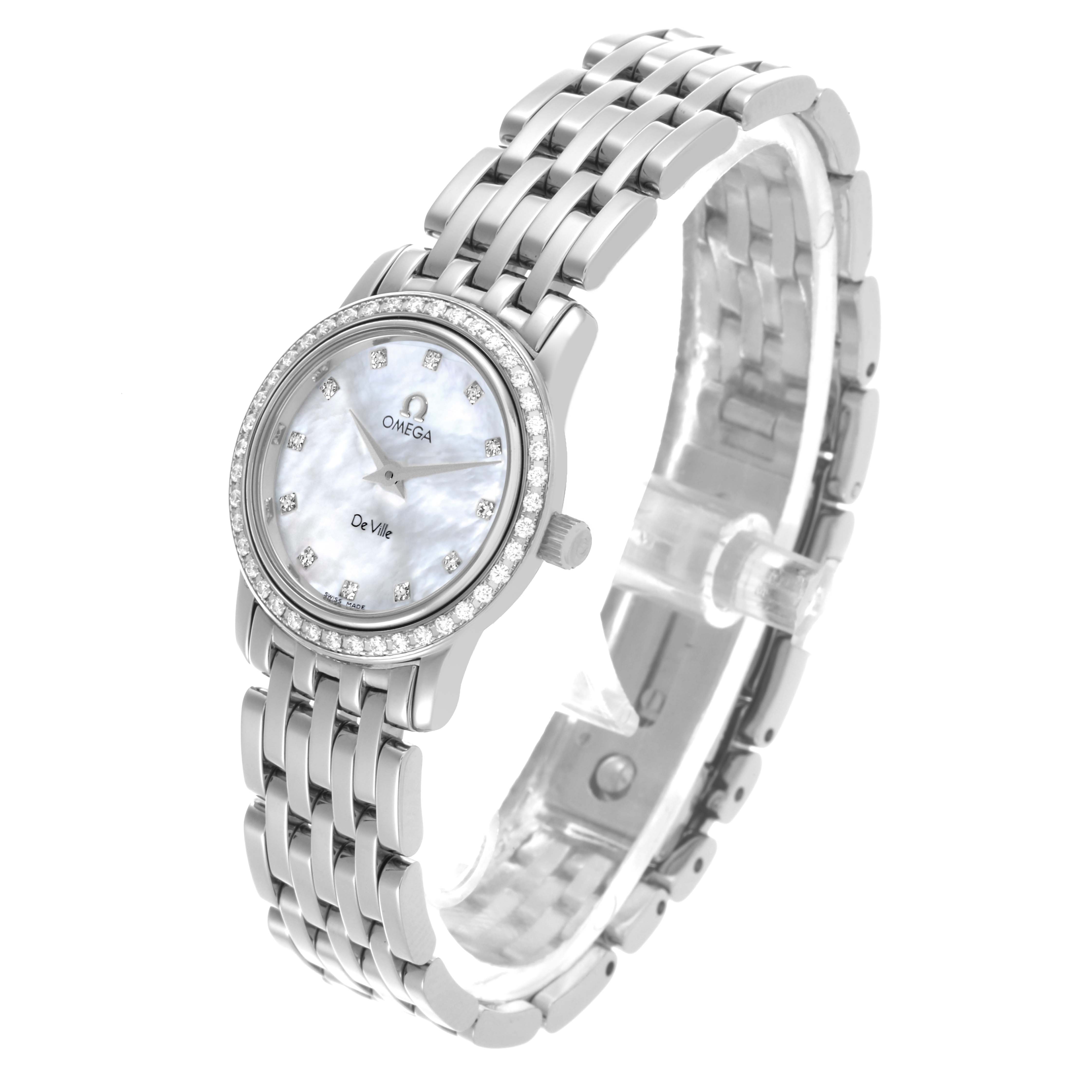 The DeVille Prestige Mother Of Pearl Diamond Steel Ladies Watch by Omega 4575.76 Women's Stainless Steel Mother of Pearl Dial 4575.76 Women's Stainless Steel Mother of Pearl Dial is shown from an angled side view, highlighting the face and bracelet.