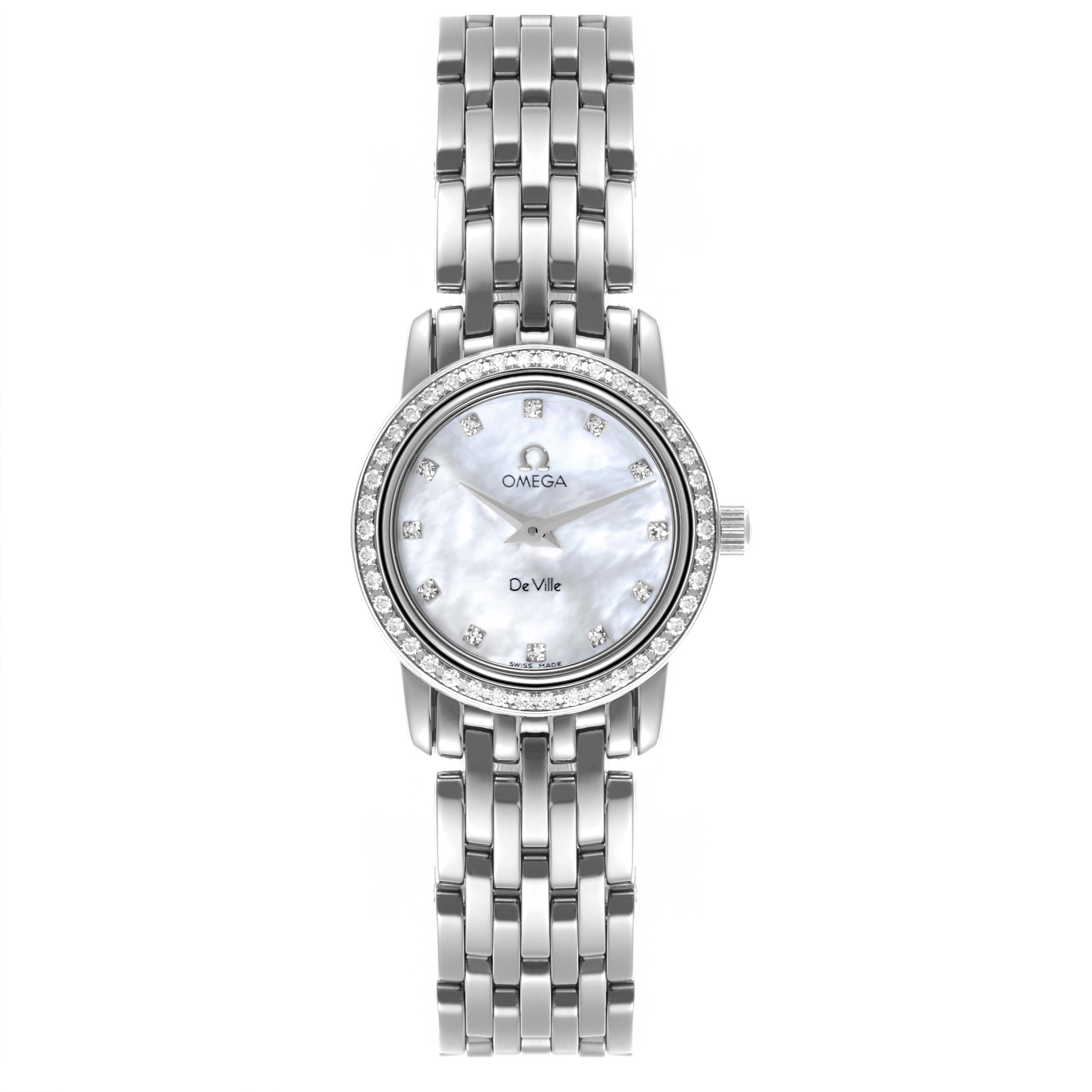 The Omega 4575.76 Women's Stainless Steel Mother of Pearl Dial 4575.76 Women's Stainless Steel Mother of Pearl Dial DeVille Prestige 4575.76 watch is shown from a top-down angle, highlighting its face, bezel, and bracelet.