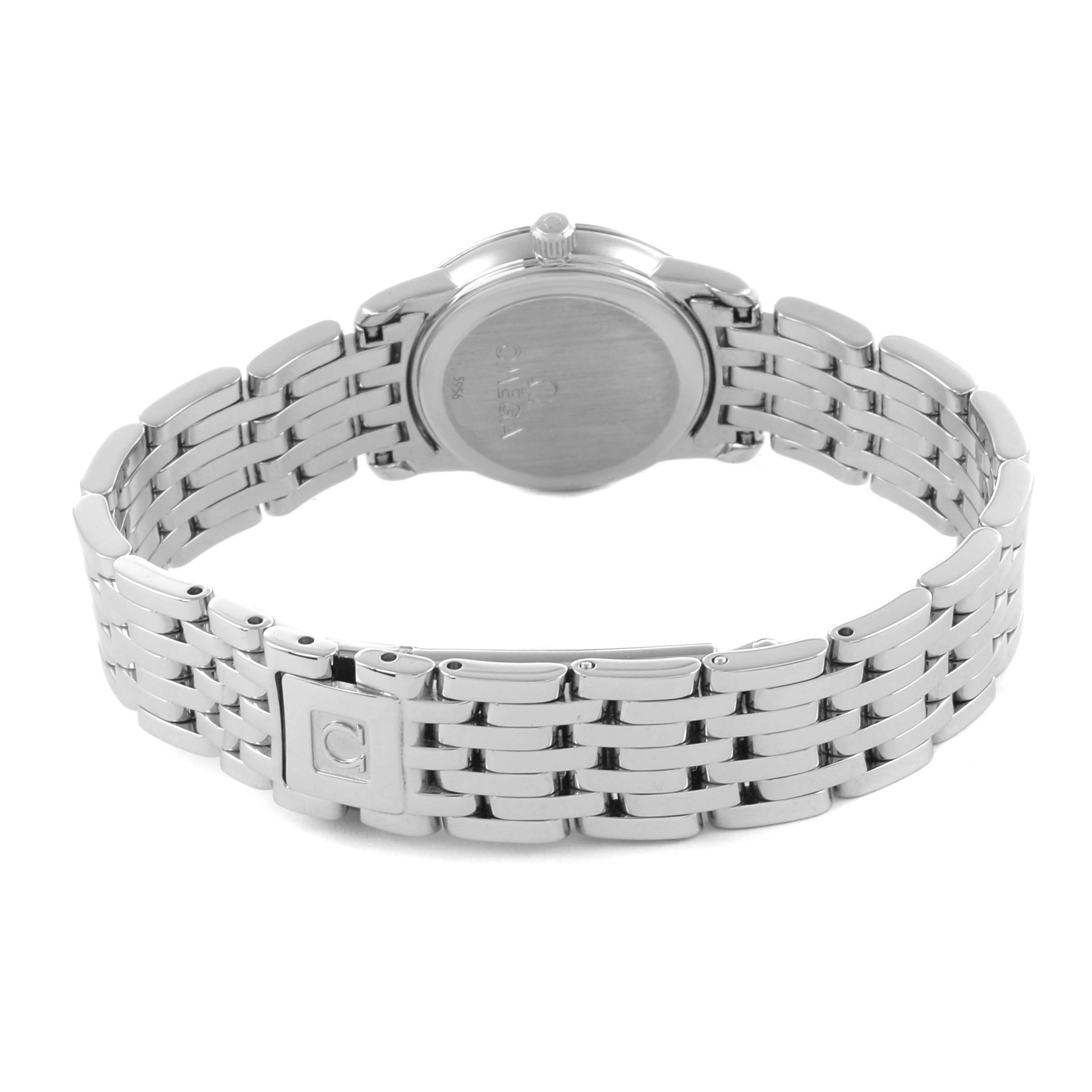 The Omega 4575.76 Women's Stainless Steel Mother of Pearl Dial 4575.76 Women's Stainless Steel Mother of Pearl Dial DeVille Prestige watch is shown from the back, displaying the case back and polished steel bracelet.