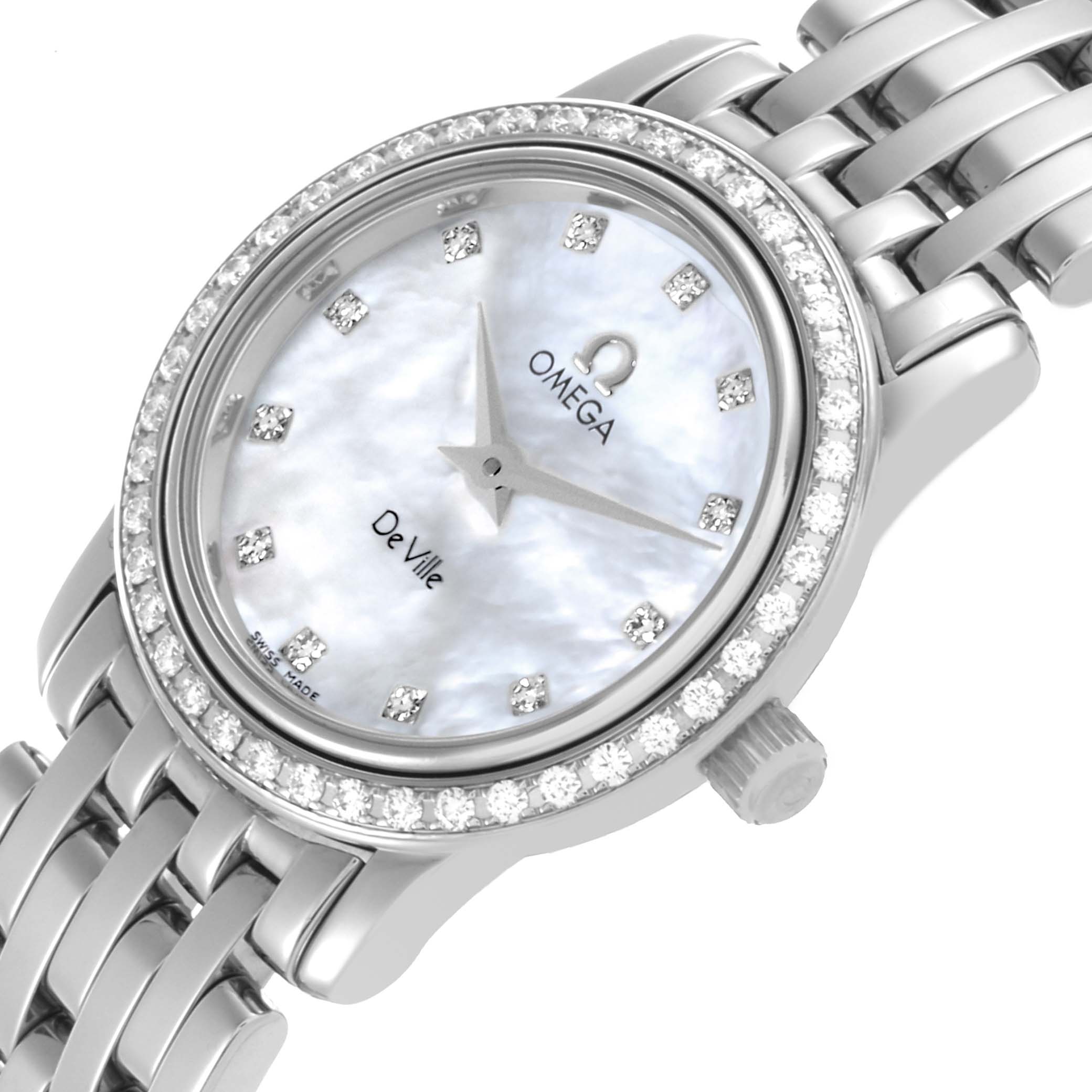 The Omega 4575.76 Women's Stainless Steel Mother of Pearl Dial 4575.76 Women's Stainless Steel Mother of Pearl Dial DeVille Prestige 4575.76 watch is shown at a slight angle featuring the diamond-accented bezel and mother-of-pearl dial.