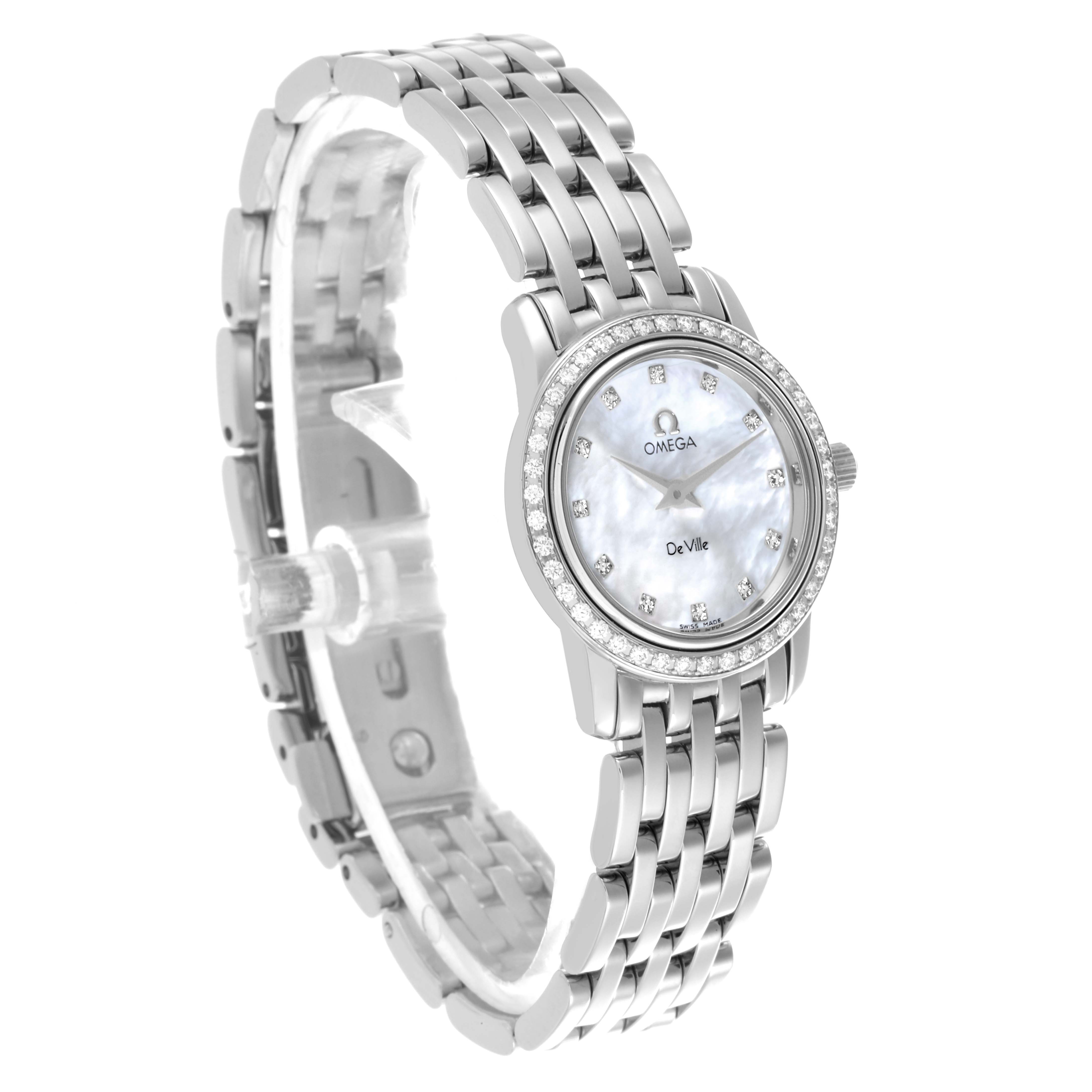 The Omega 4575.76 Women's Stainless Steel Mother of Pearl Dial 4575.76 Women's Stainless Steel Mother of Pearl Dial DeVille Prestige 4575.76 watch is shown from a side angle, highlighting its mother of pearl dial and diamond bezel.