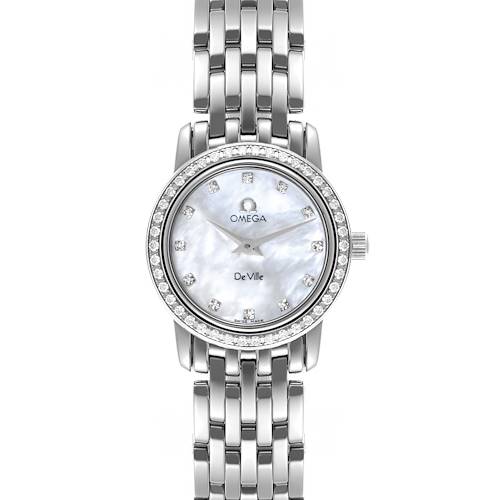 The image shows a front view of the Omega DeVille Prestige Mother Of Pearl Diamond Steel Ladies Watch 4575.76, highlighting its face and bracelet.