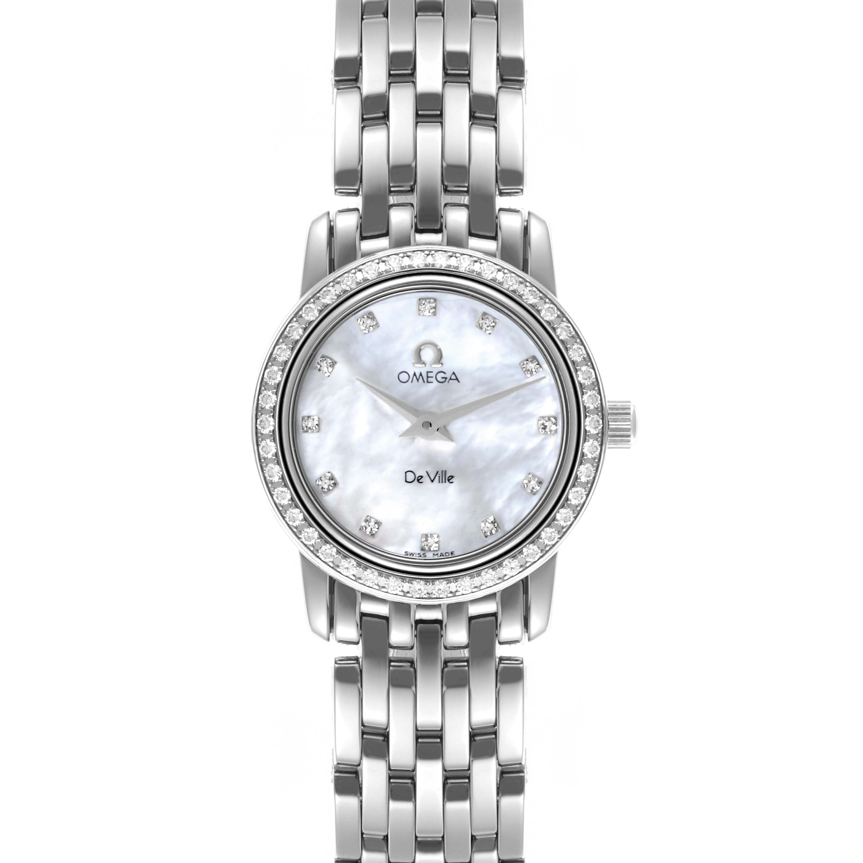 The Omega 4575.76 Women's Stainless Steel Mother of Pearl Dial 4575.76 Women's Stainless Steel Mother of Pearl Dial DeVille Prestige model is shown from the front, highlighting its diamond bezel, mother of pearl dial, and stainless steel bracelet.