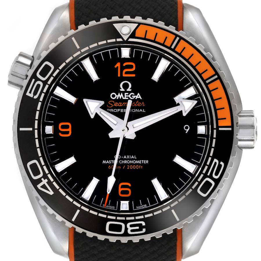 The Omega Planet Ocean watch is shown from a front angle, highlighting its face, bezel, crown, and strap.