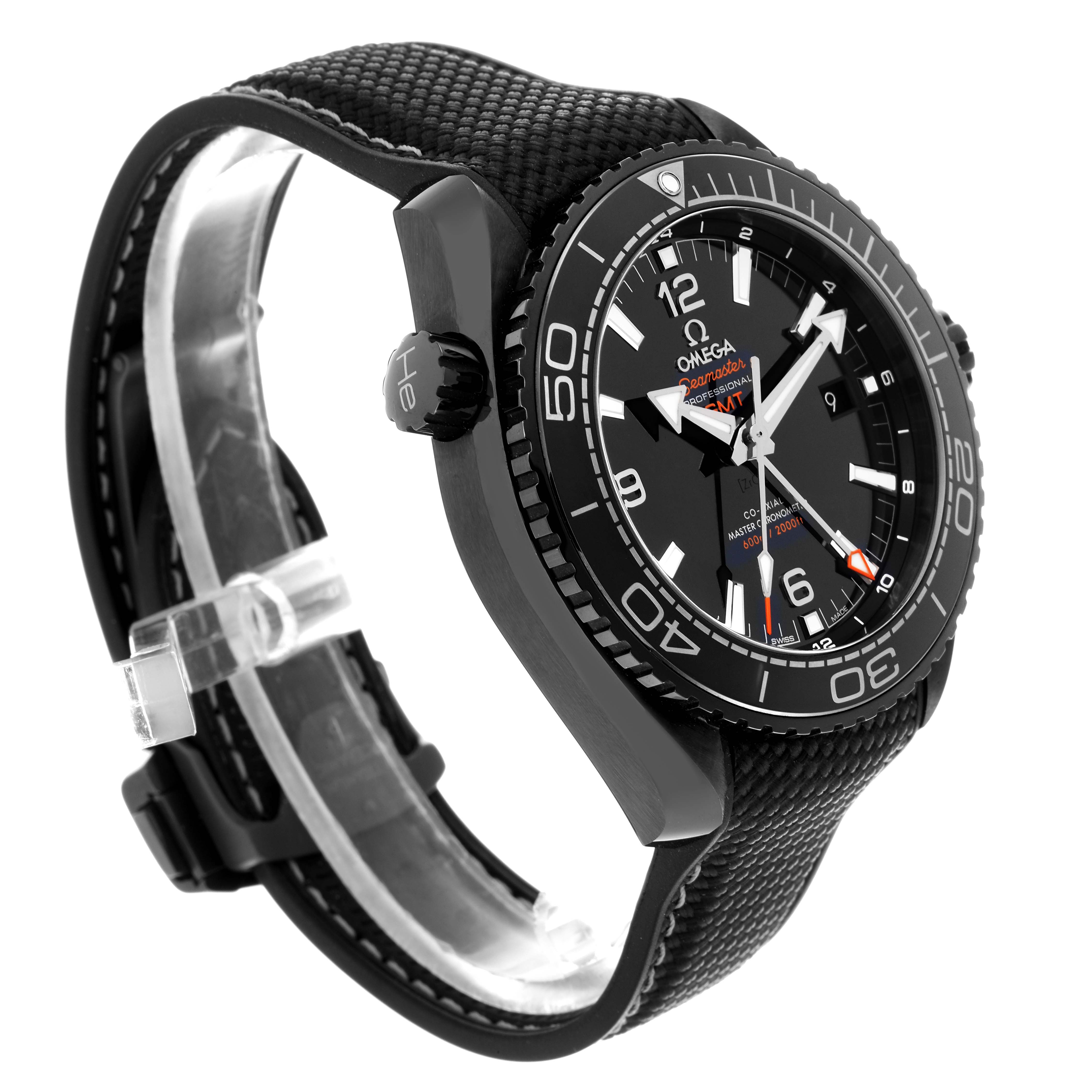 The Omega Planet Ocean 215.92.46.22.01.001 Men's Ceramic Black Dial 215.92.46.22.01.001 Men's Ceramic Black Dial watch is shown at a slight angle, highlighting the black bezel, dial, and textured strap.