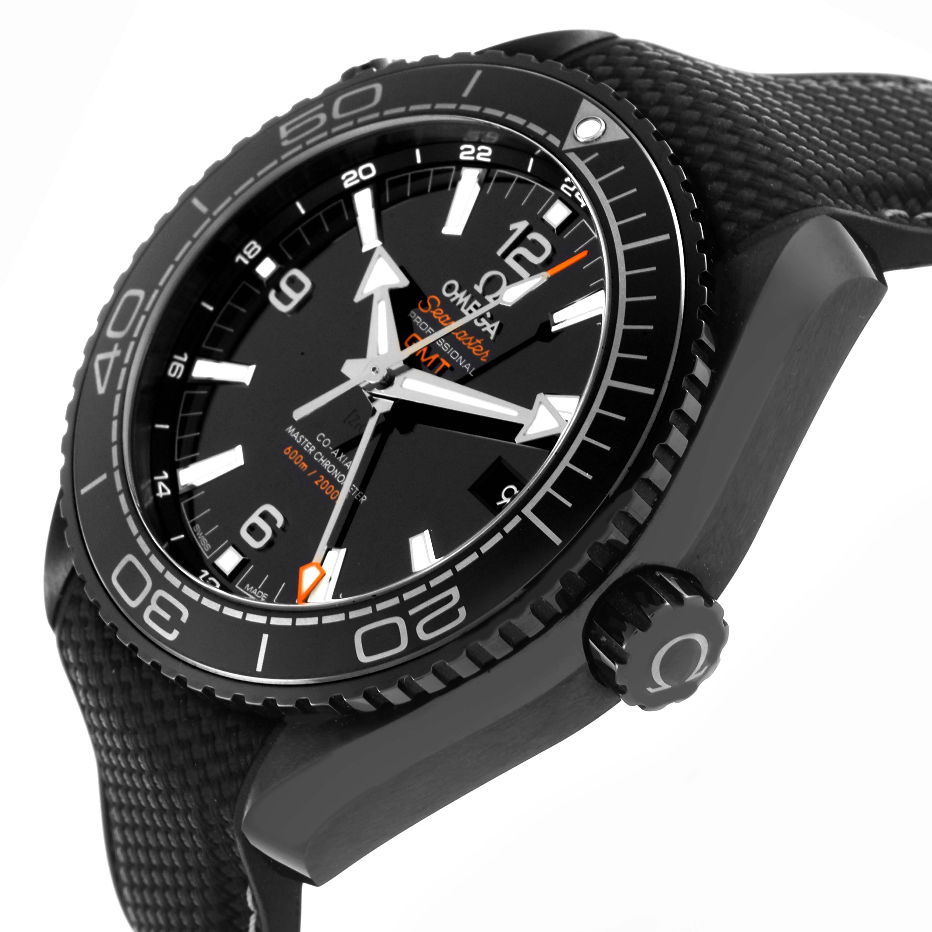 The Omega Planet Ocean 215.92.46.22.01.001 Men's Ceramic Black Dial 215.92.46.22.01.001 Men's Ceramic Black Dial watch is shown at a side angle featuring the dial, bezel, casing, and crown.