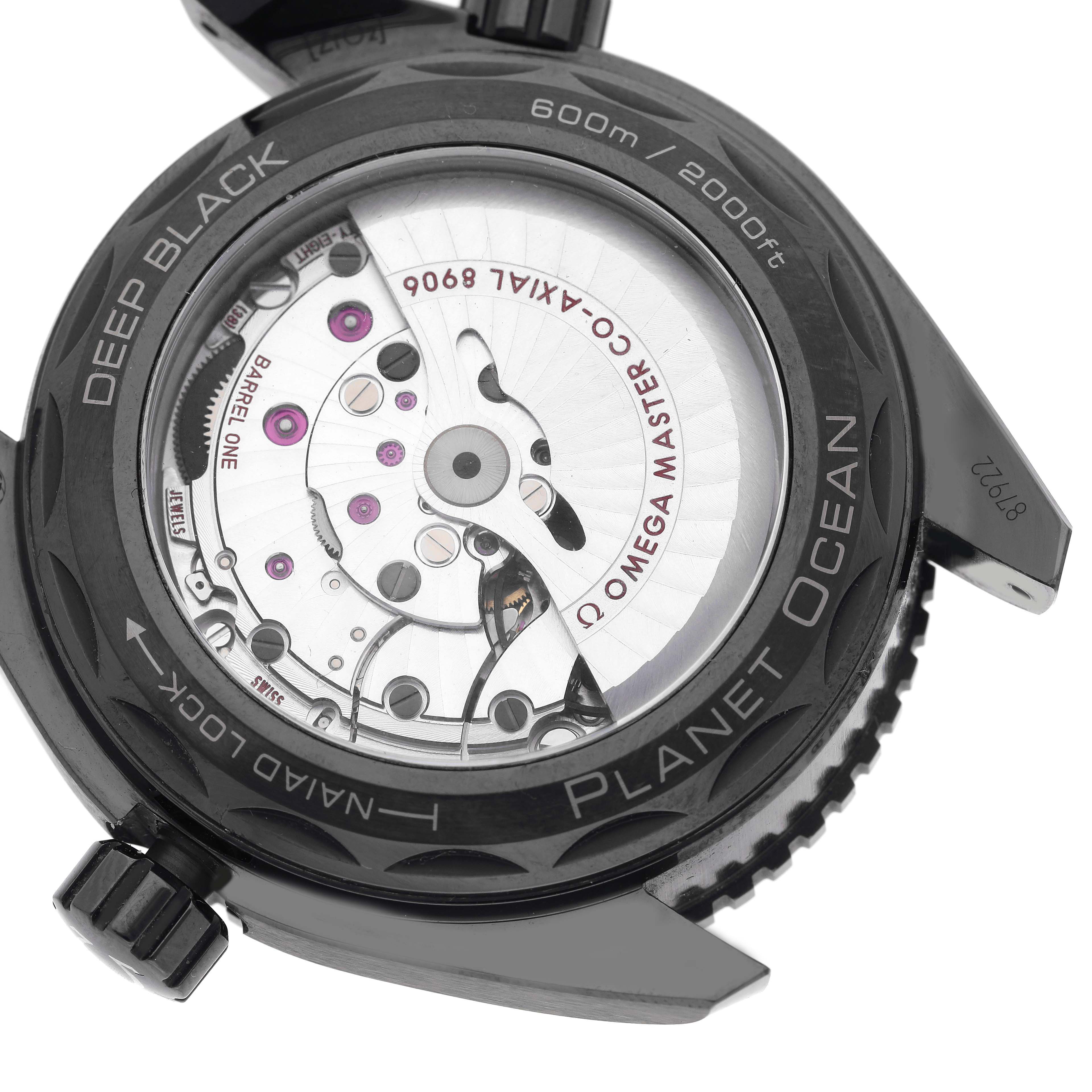 The image shows the back and inner mechanism of the Omega Planet Ocean 215.92.46.22.01.001 Men's Ceramic Black Dial 215.92.46.22.01.001 Men's Ceramic Black Dial, highlighting its transparent case back and movement details.