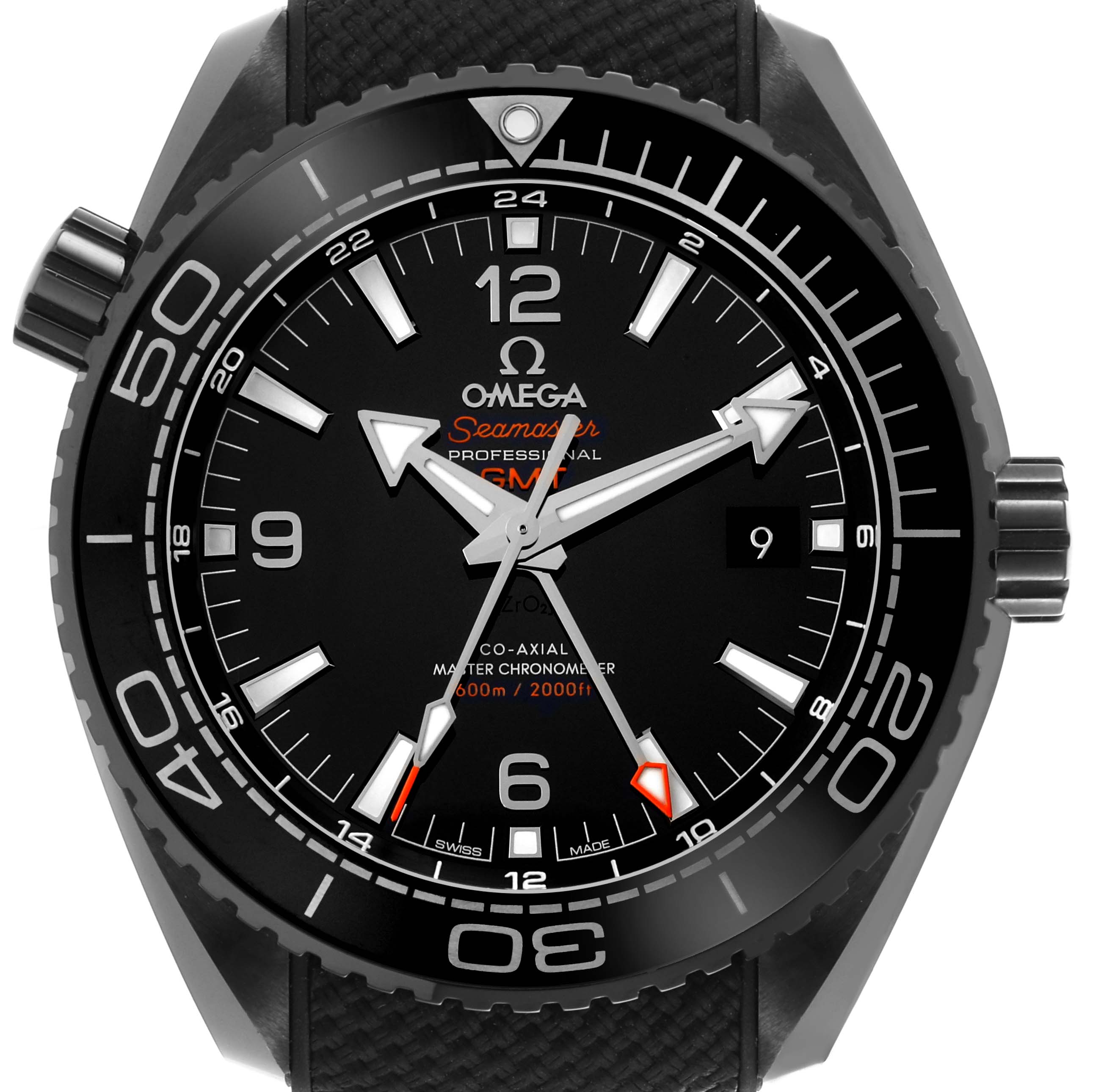 The Omega Planet Ocean 215.92.46.22.01.001 Men's Ceramic Black Dial 215.92.46.22.01.001 Men's Ceramic Black Dial watch is shown from the front, highlighting the dial, bezel, and crown.