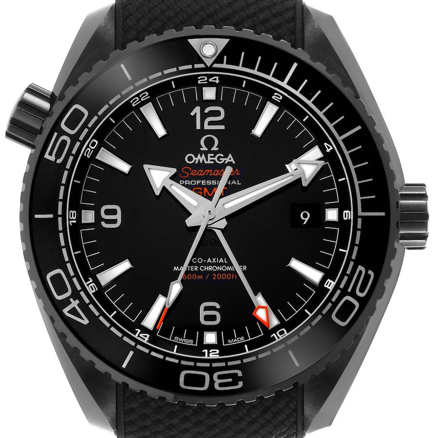 The Omega Planet Ocean watch is shown from the front, highlighting the dial, bezel, and crown.