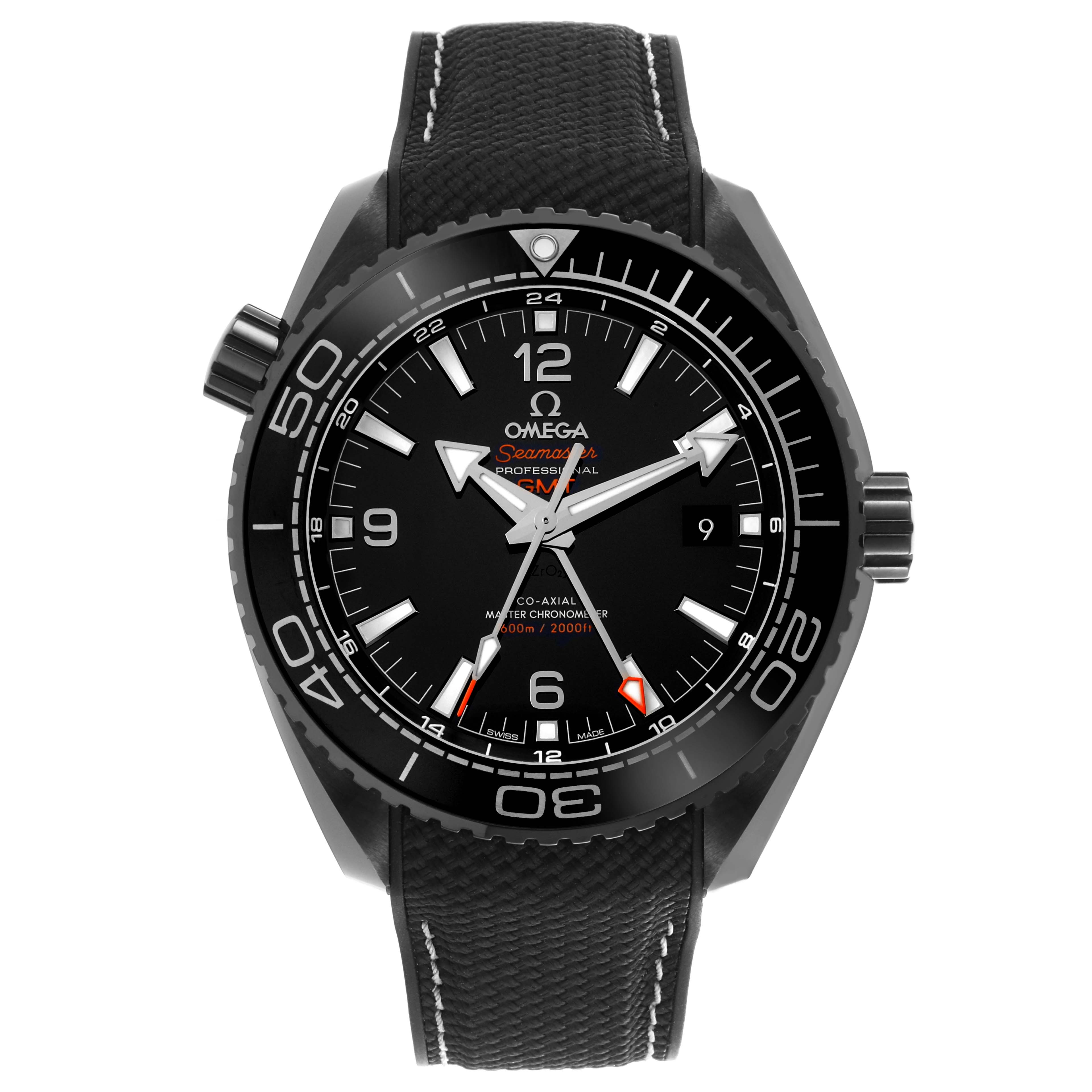The Omega Planet Ocean 215.92.46.22.01.001 Men's Ceramic Black Dial 215.92.46.22.01.001 Men's Ceramic Black Dial watch is shown from a frontal angle, highlighting the dial, bezel, and strap.