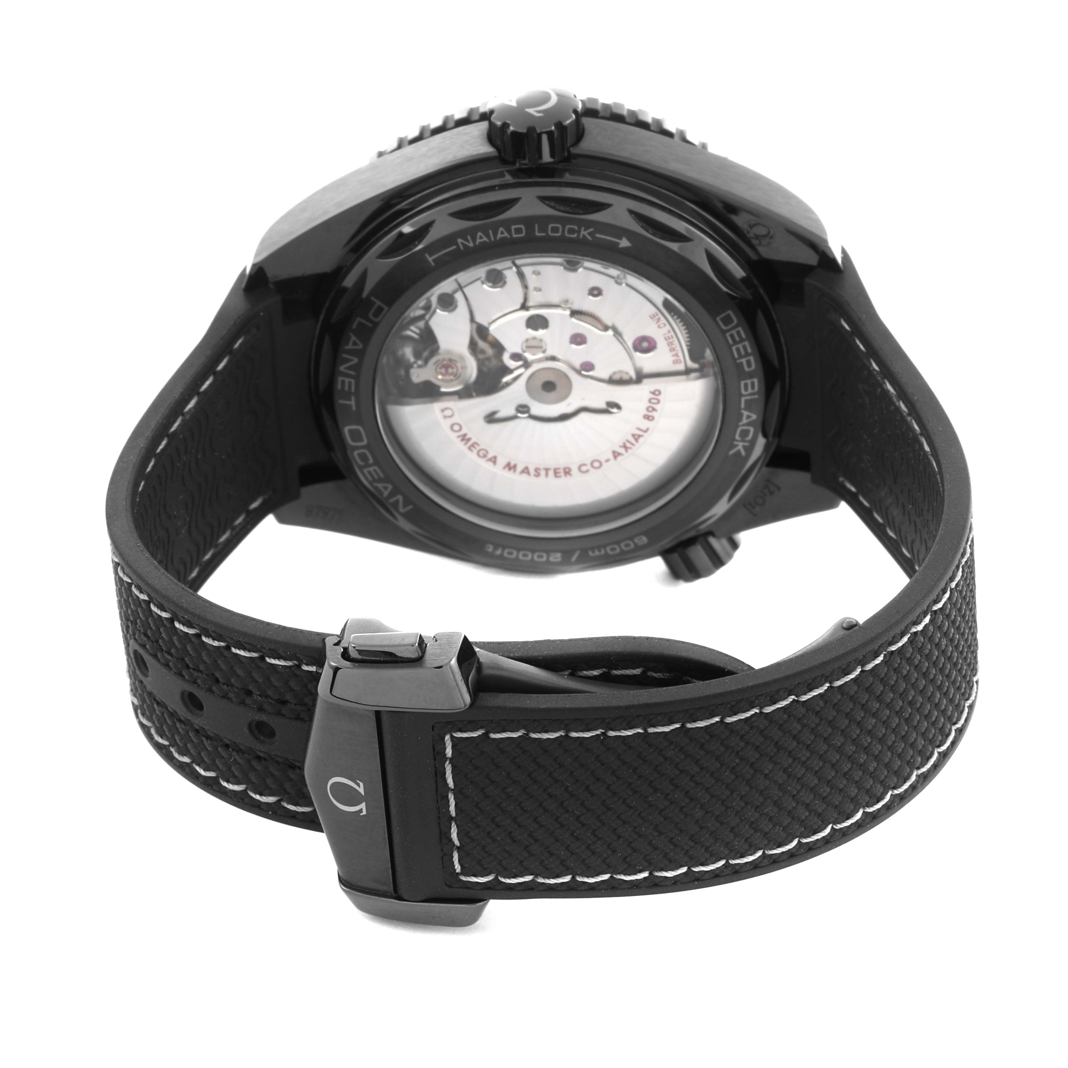 The Omega Planet Ocean 215.92.46.22.01.001 Men's Ceramic Black Dial 215.92.46.22.01.001 Men's Ceramic Black Dial watch is shown from the back, displaying the case back and strap details.