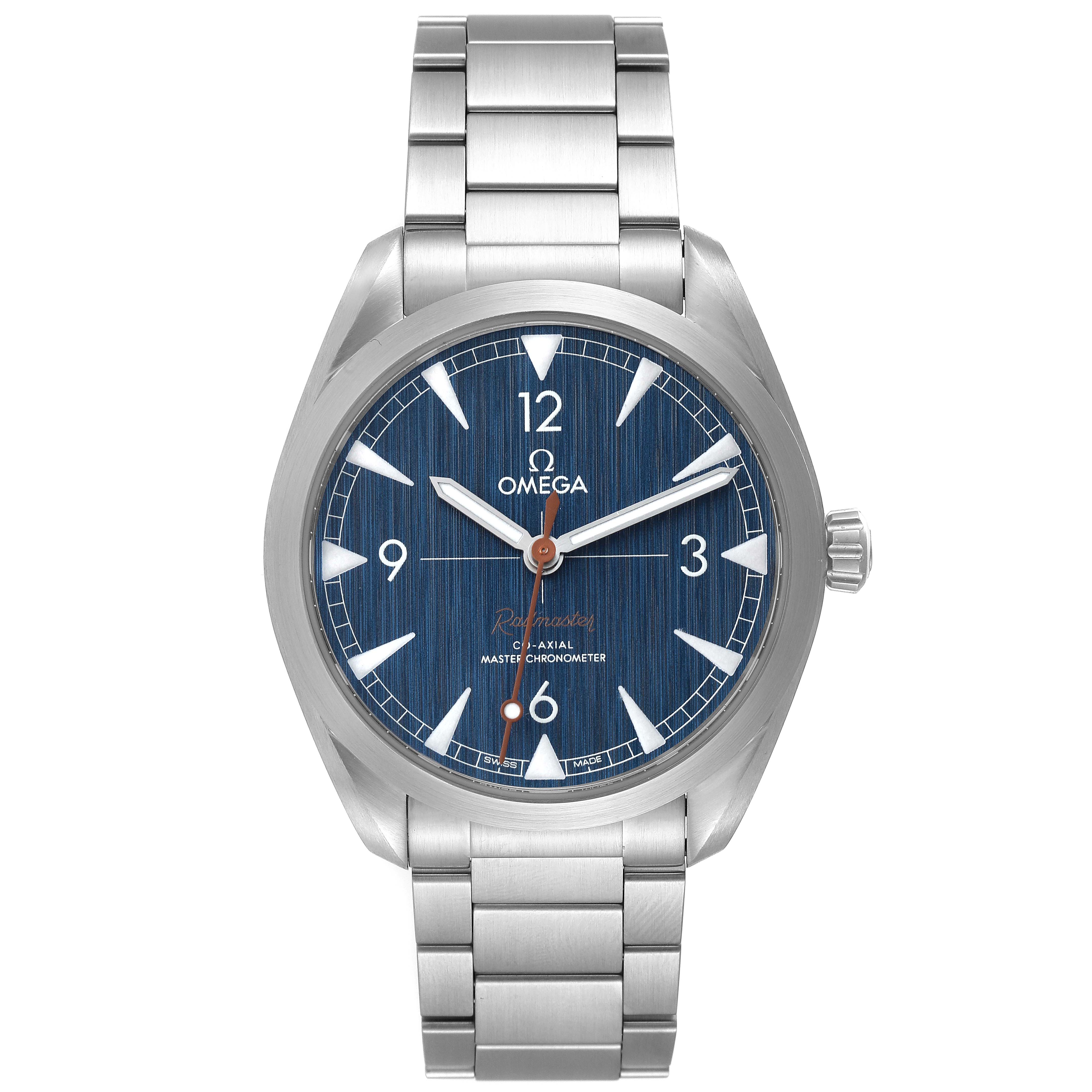 The Omega Aqua Terra 220.10.40.20.03.001 Men
s Stainless Steel Blue Dial 220.10.40.20.03.001 Men
s Stainless Steel Blue Dial watch is shown from the front, displaying its blue dial, silver hands, markers, and metal bracelet.
