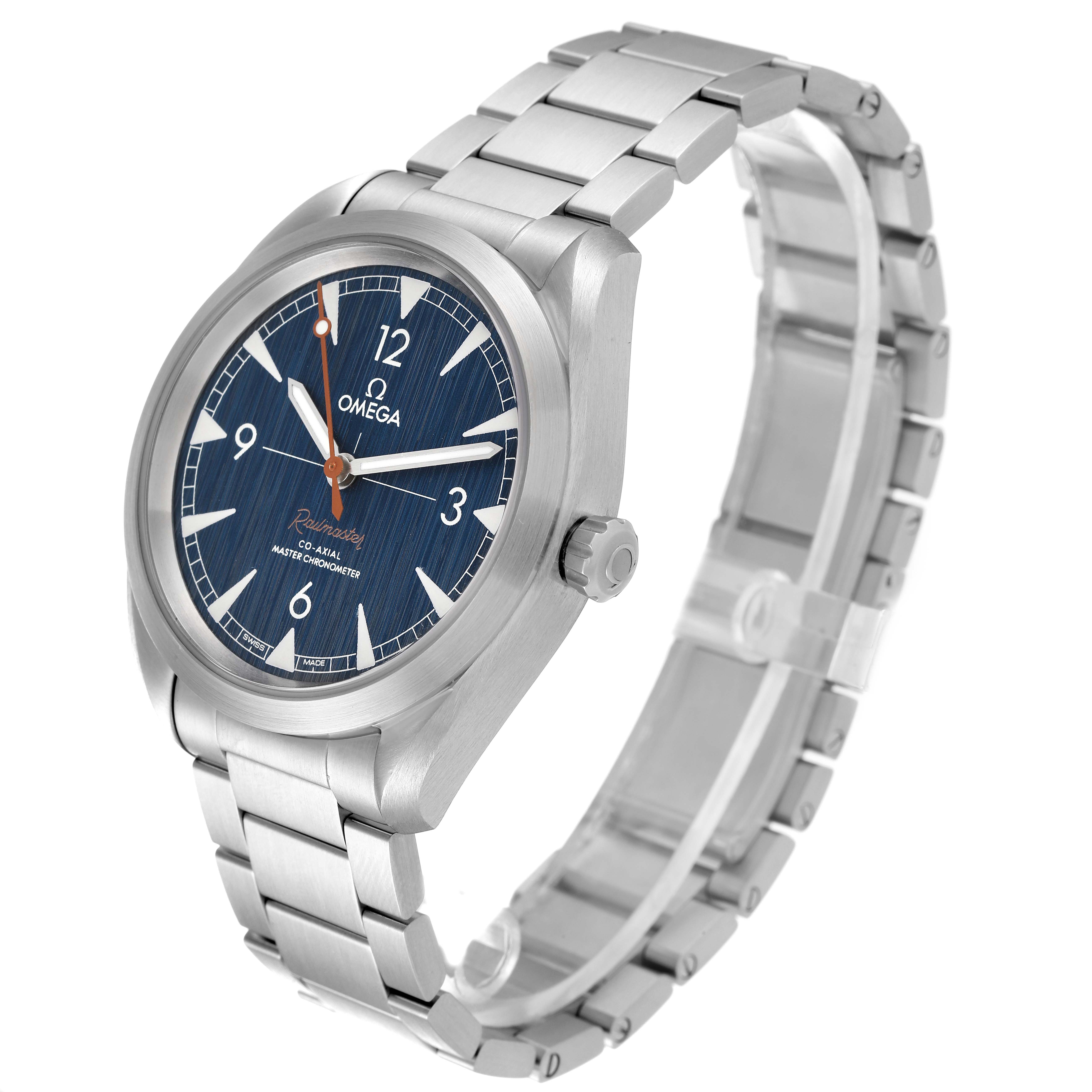 The Omega Aqua Terra 220.10.40.20.03.001 Men
s Stainless Steel Blue Dial 220.10.40.20.03.001 Men
s Stainless Steel Blue Dial watch is shown at a three-quarter angle, highlighting its blue dial, stainless steel case, and bracelet.