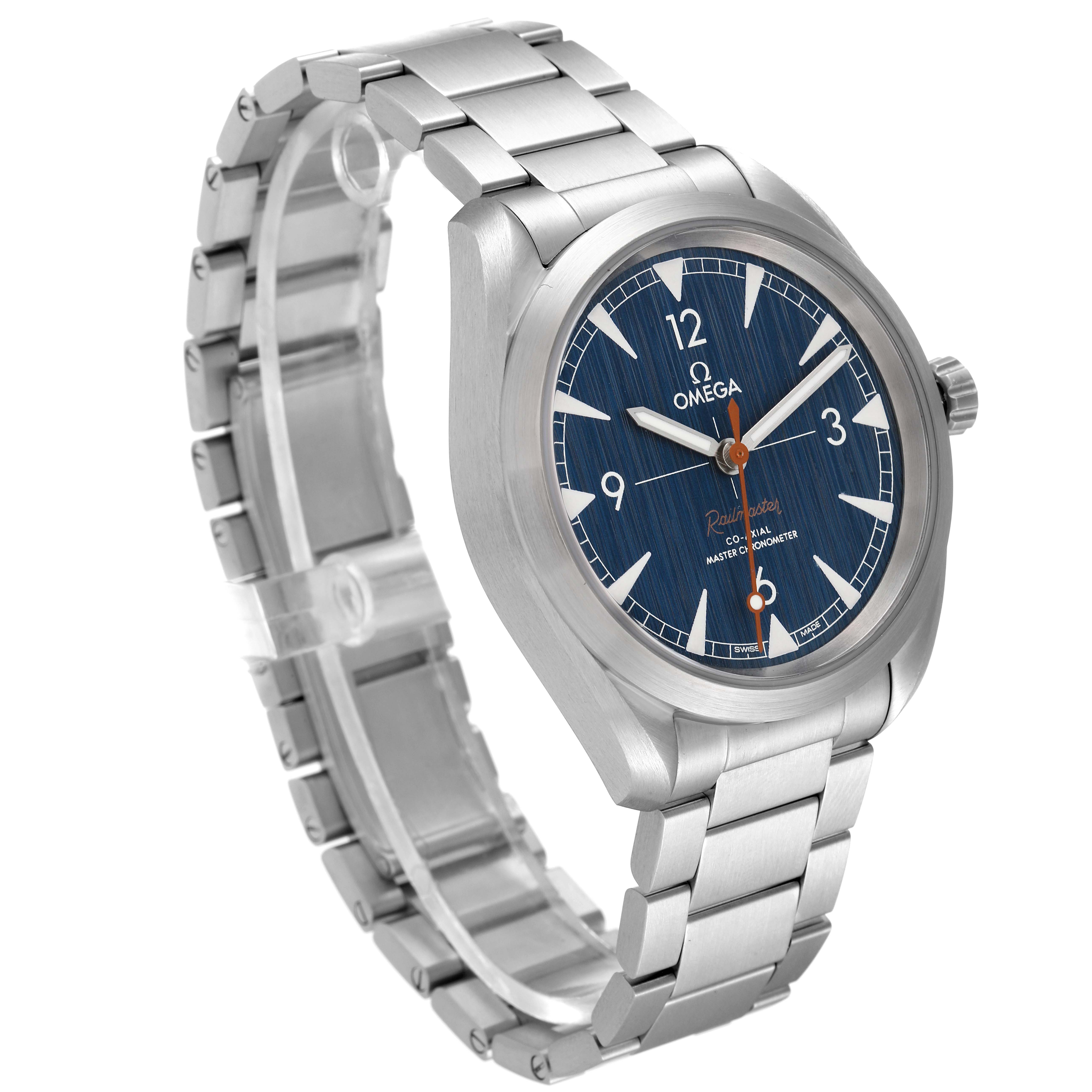 This Omega Aqua Terra 220.10.40.20.03.001 Men
s Stainless Steel Blue Dial 220.10.40.20.03.001 Men
s Stainless Steel Blue Dial watch is shown at an angled view, displaying its blue dial, stainless steel case, and bracelet.