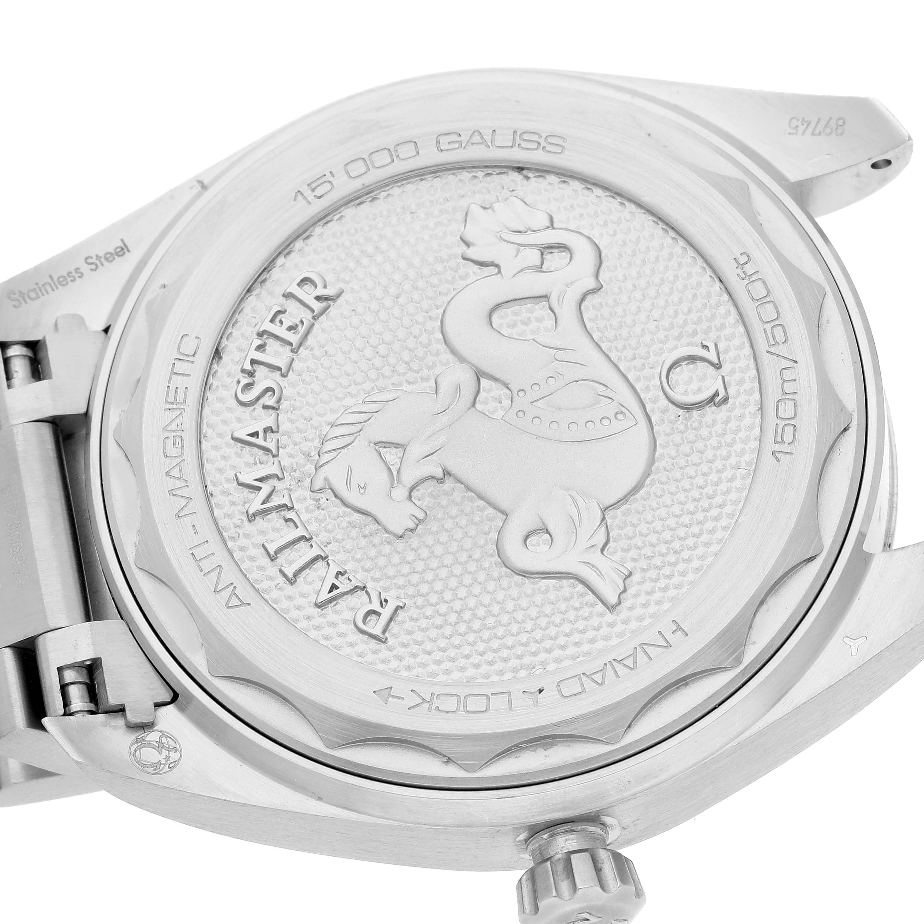 The image shows the back case of the Omega Aqua Terra 220.10.40.20.03.001 Men
s Stainless Steel Blue Dial 220.10.40.20.03.001 Men
s Stainless Steel Blue Dial Railmaster watch at an angled close-up.