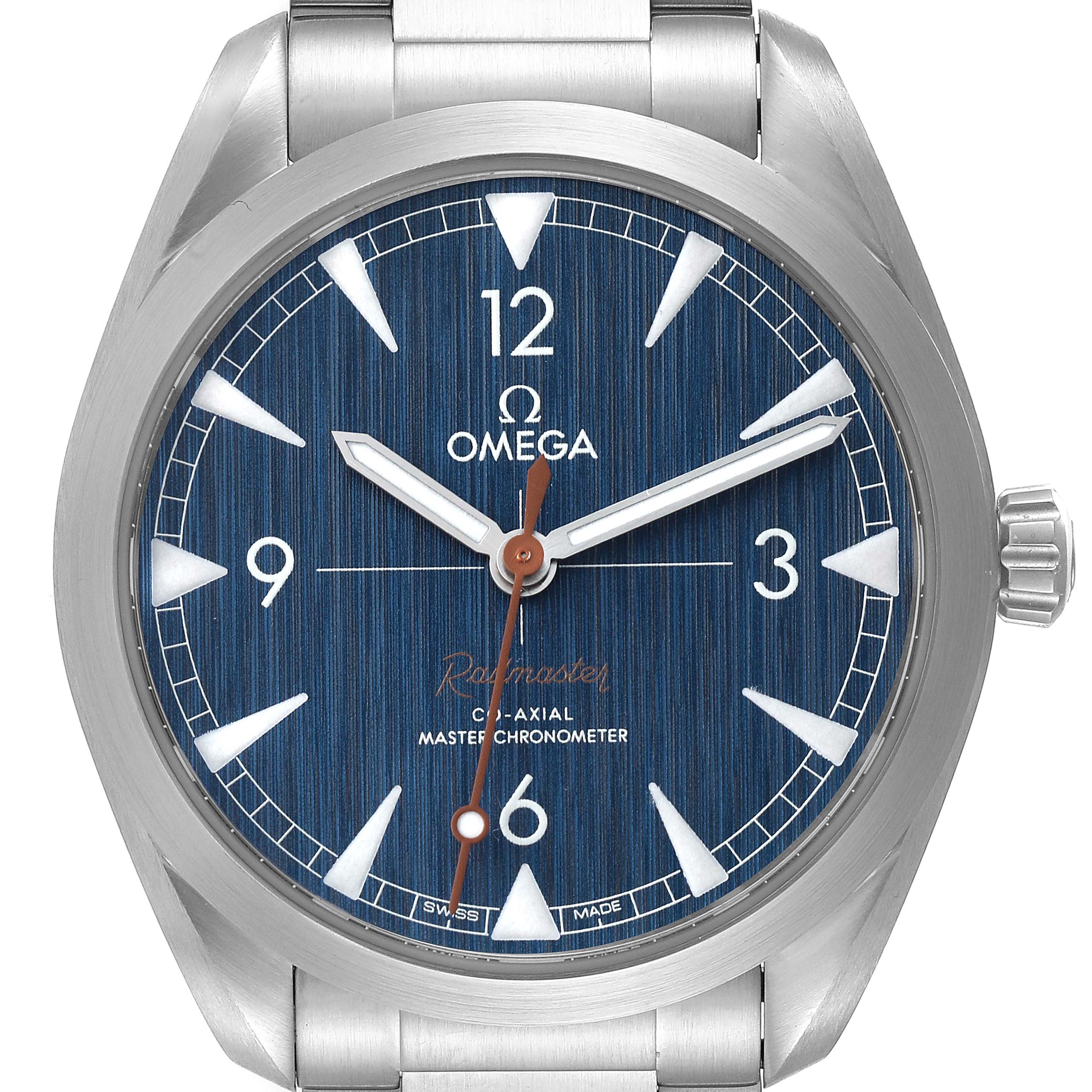 The image shows a front angle of the Omega Aqua Terra 220.10.40.20.03.001 Men
s Stainless Steel Blue Dial 220.10.40.20.03.001 Men
s Stainless Steel Blue Dial watch, displaying the dial, hands, and part of the bracelet.