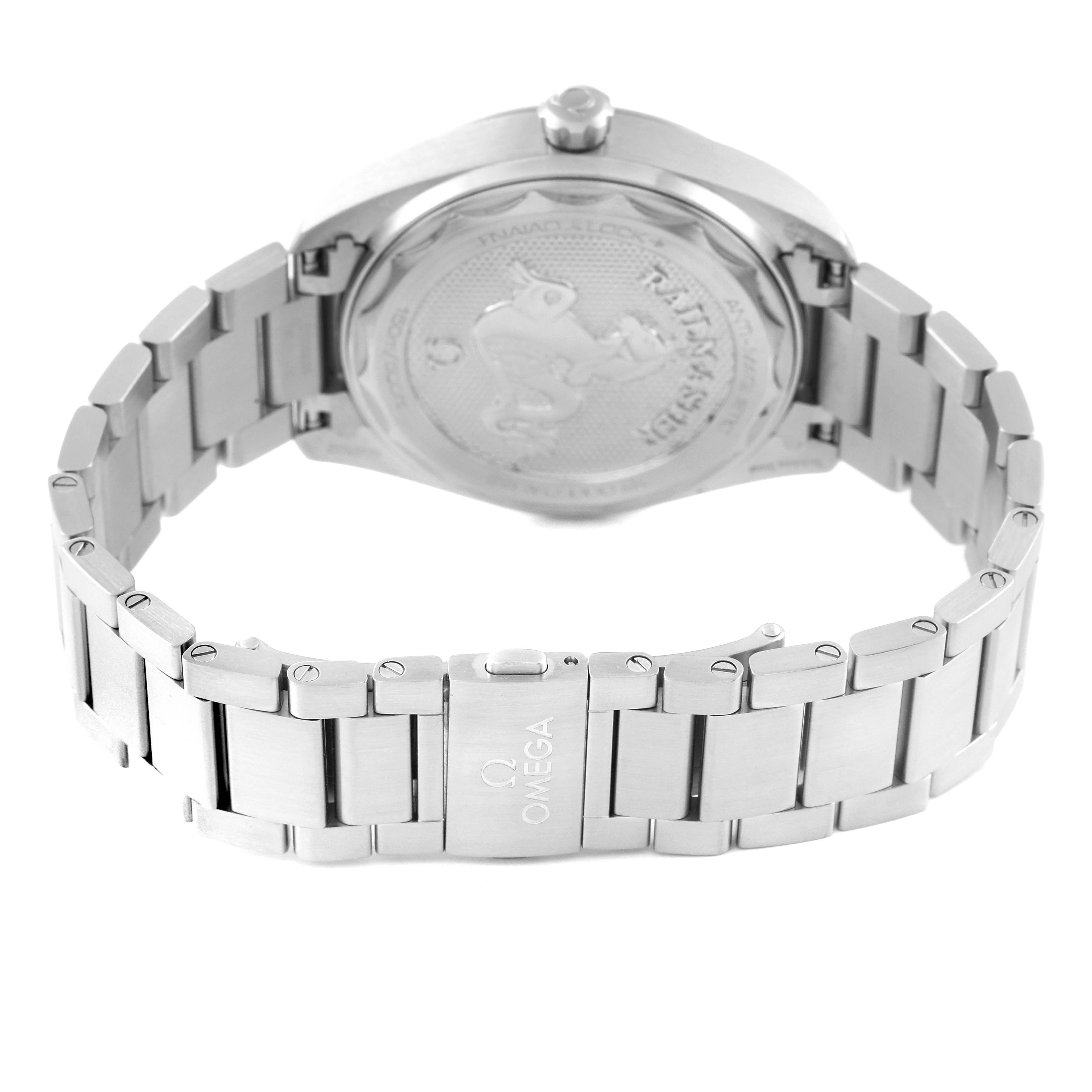 The image shows the rear view of the Omega Aqua Terra 220.10.40.20.03.001 Men
s Stainless Steel Blue Dial 220.10.40.20.03.001 Men
s Stainless Steel Blue Dial watch, focusing on its case back and stainless steel bracelet.