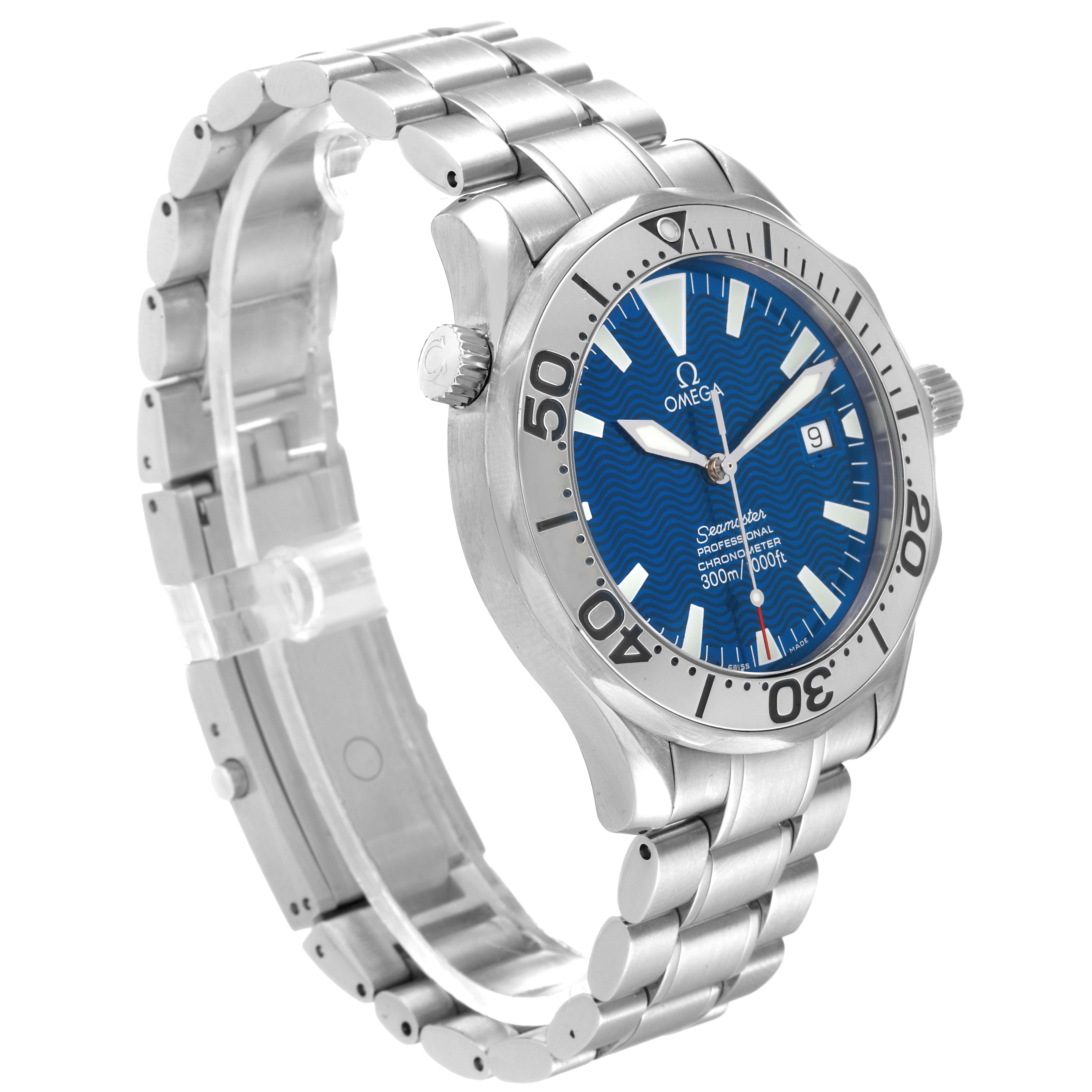 The image shows an angled side view of an Omega Seamaster 2255.80.00 Men's Stainless Steel Blue Dial 2255.80.00 Men's Stainless Steel Blue Dial watch, highlighting its blue dial, bezel, and metal bracelet.