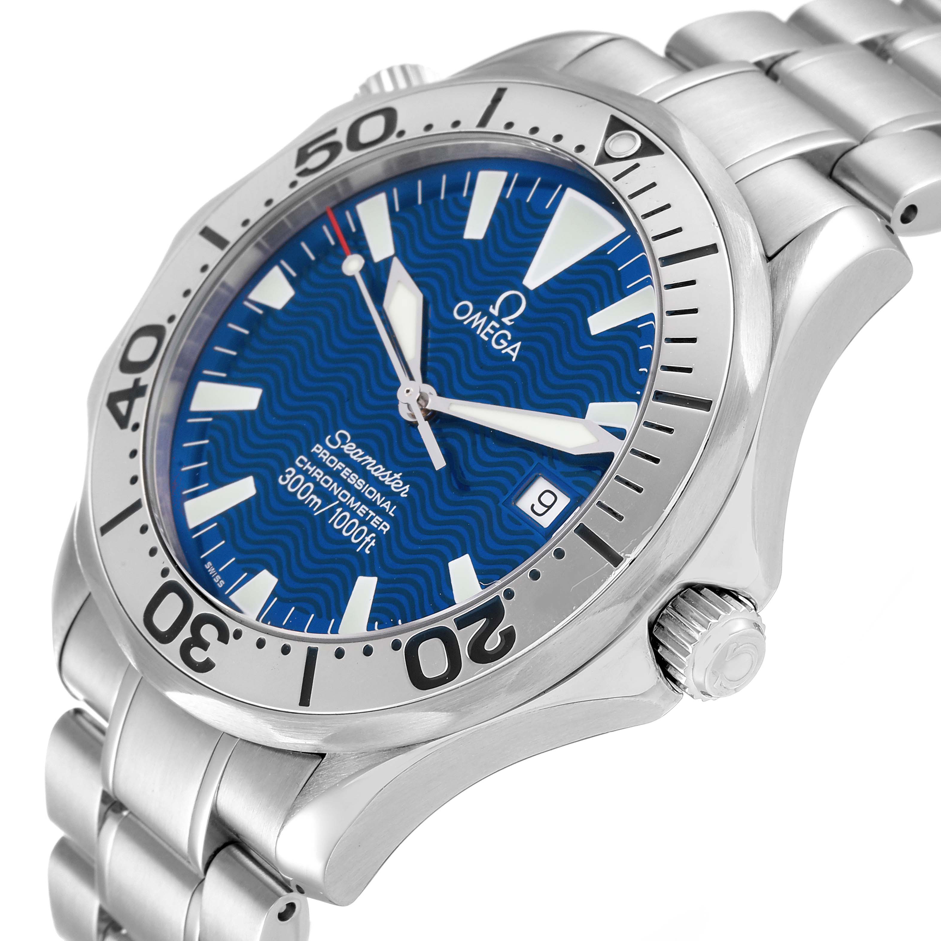 The image shows a side view of an Omega Seamaster 2255.80.00 Men's Stainless Steel Blue Dial 2255.80.00 Men's Stainless Steel Blue Dial watch, highlighting the blue dial, stainless steel bezel, and bracelet.