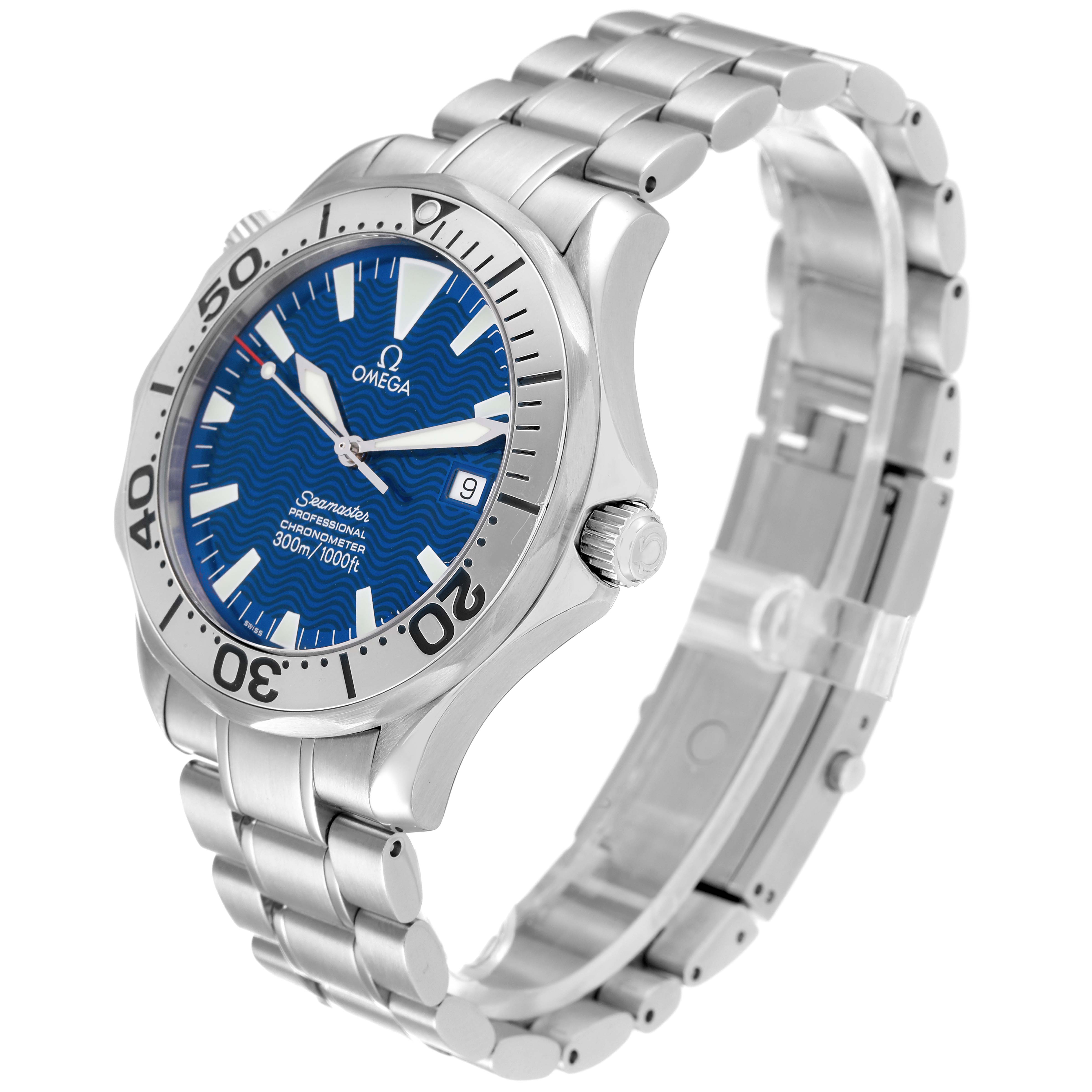 The Omega Seamaster 2255.80.00 Men's Stainless Steel Blue Dial 2255.80.00 Men's Stainless Steel Blue Dial watch is shown at a three-quarter angle, highlighting its blue dial, bezel, crown, and stainless steel bracelet.