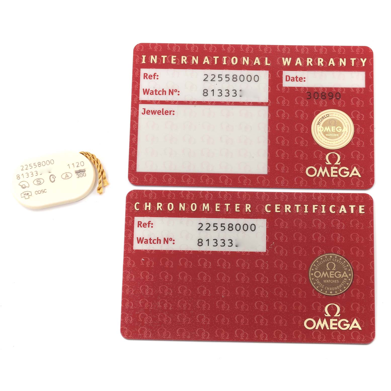 The image shows the Omega Seamaster 2255.80.00 Men's Stainless Steel Blue Dial 2255.80.00 Men's Stainless Steel Blue Dial's International Warranty and Chronometer Certificate cards, including a tag with reference numbers.