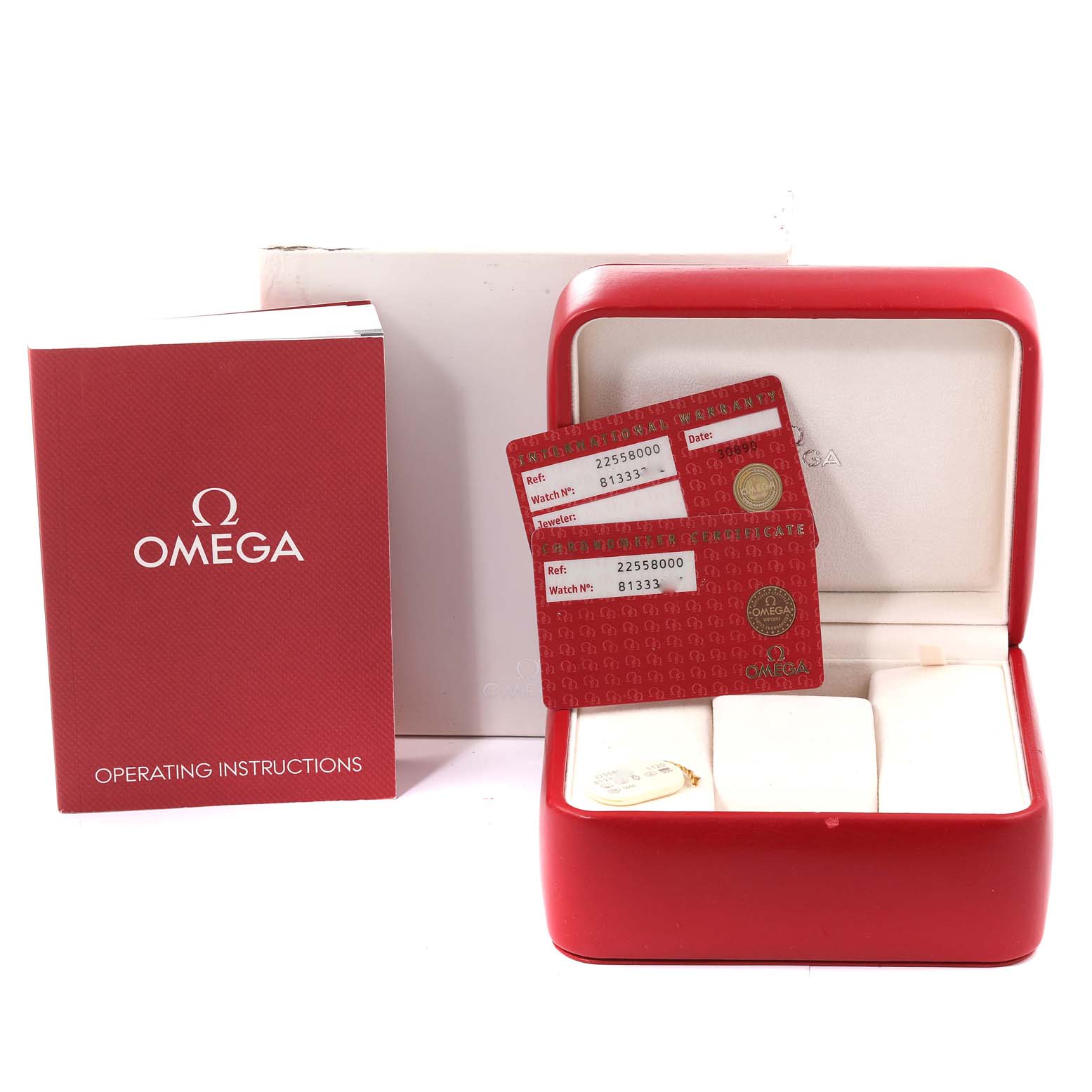 The image shows an Omega Seamaster 2255.80.00 Men's Stainless Steel Blue Dial 2255.80.00 Men's Stainless Steel Blue Dial watch box, operating instructions, and certification cards.