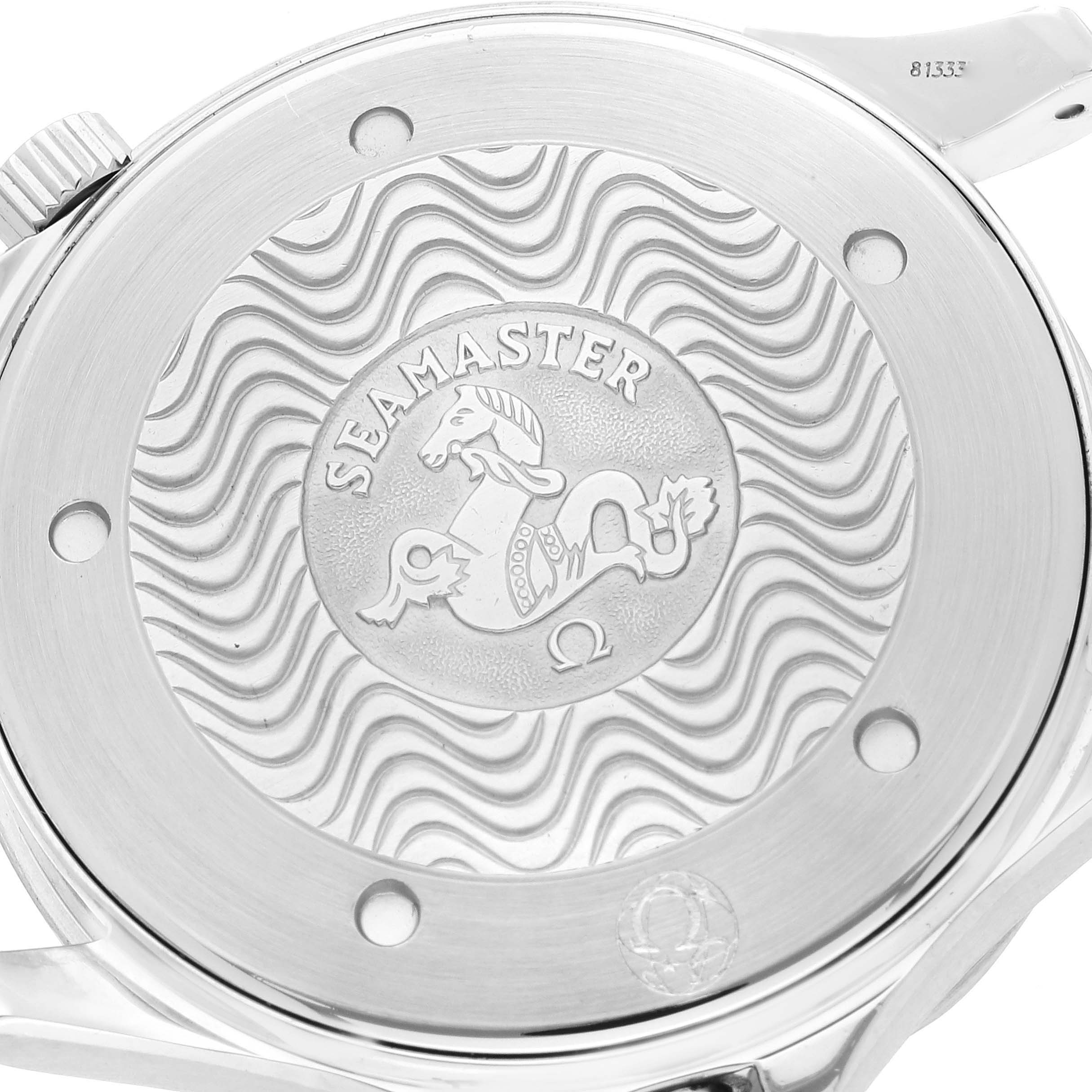 The image shows the case back of an Omega Seamaster 2255.80.00 Men's Stainless Steel Blue Dial 2255.80.00 Men's Stainless Steel Blue Dial, featuring the brand's logo and wave pattern detailing.