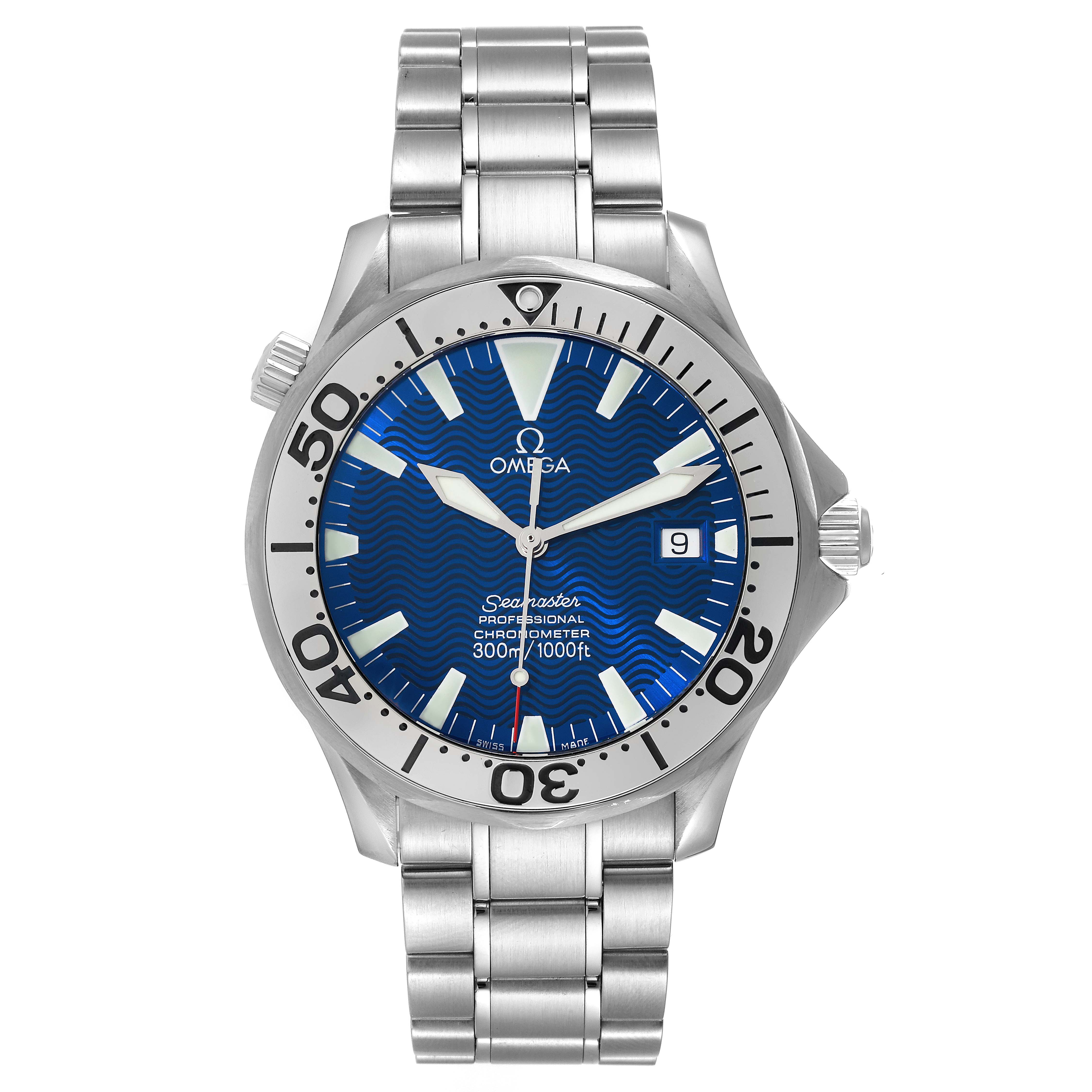 The Omega Seamaster 2255.80.00 Men's Stainless Steel Blue Dial 2255.80.00 Men's Stainless Steel Blue Dial watch is shown from the front, displaying the face, bezel, bracelet, and crown.