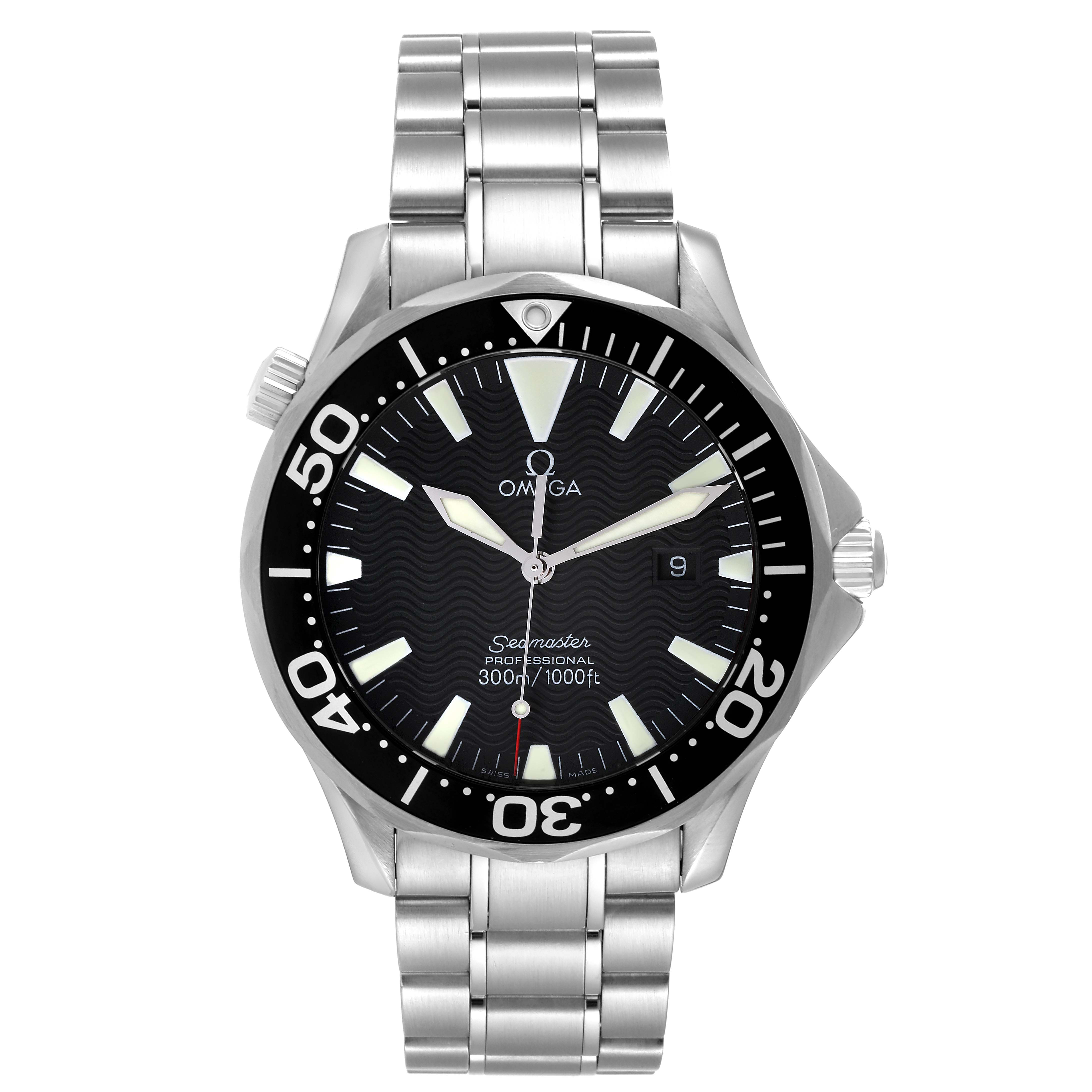 The Omega Seamaster 2264.50.00 Men's Stainless Steel Black Dial 2264.50.00 Men's Stainless Steel Black Dial watch is shown from a front angle, highlighting the dial, bezel, and stainless steel bracelet.