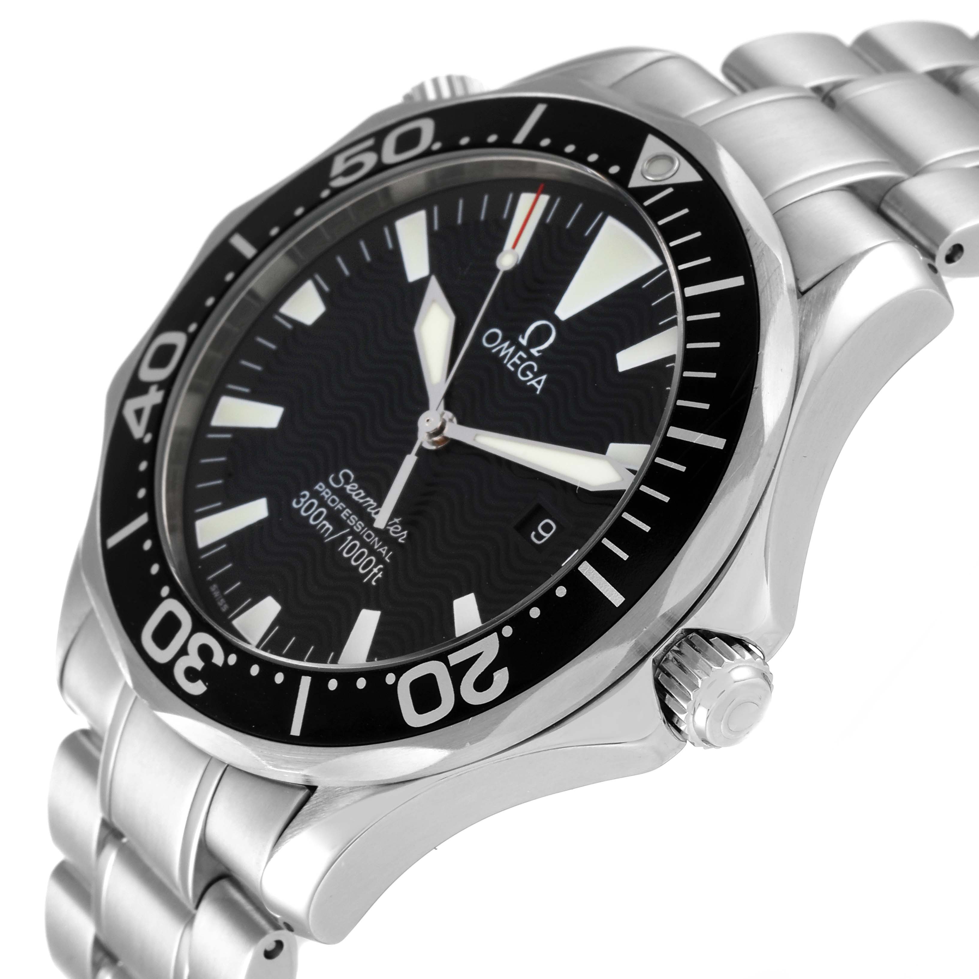 The Omega Seamaster 2264.50.00 Men's Stainless Steel Black Dial 2264.50.00 Men's Stainless Steel Black Dial watch is shown at a three-quarter angle, highlighting the face, bezel, crown, and stainless steel band.