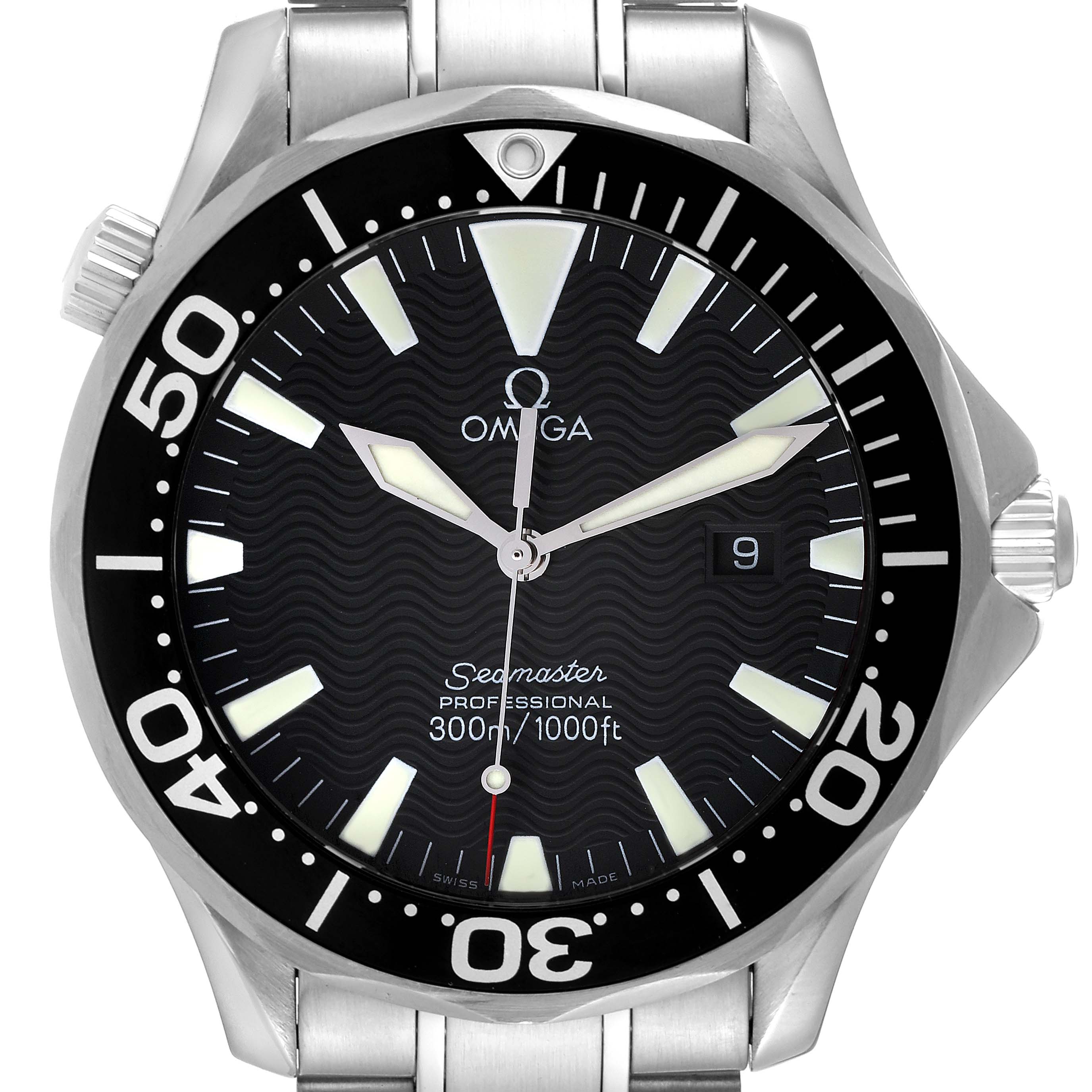 The image shows a front view of the Omega Seamaster 2264.50.00 Men's Stainless Steel Black Dial 2264.50.00 Men's Stainless Steel Black Dial watch, highlighting its face, bezel, crown, and part of the bracelet.