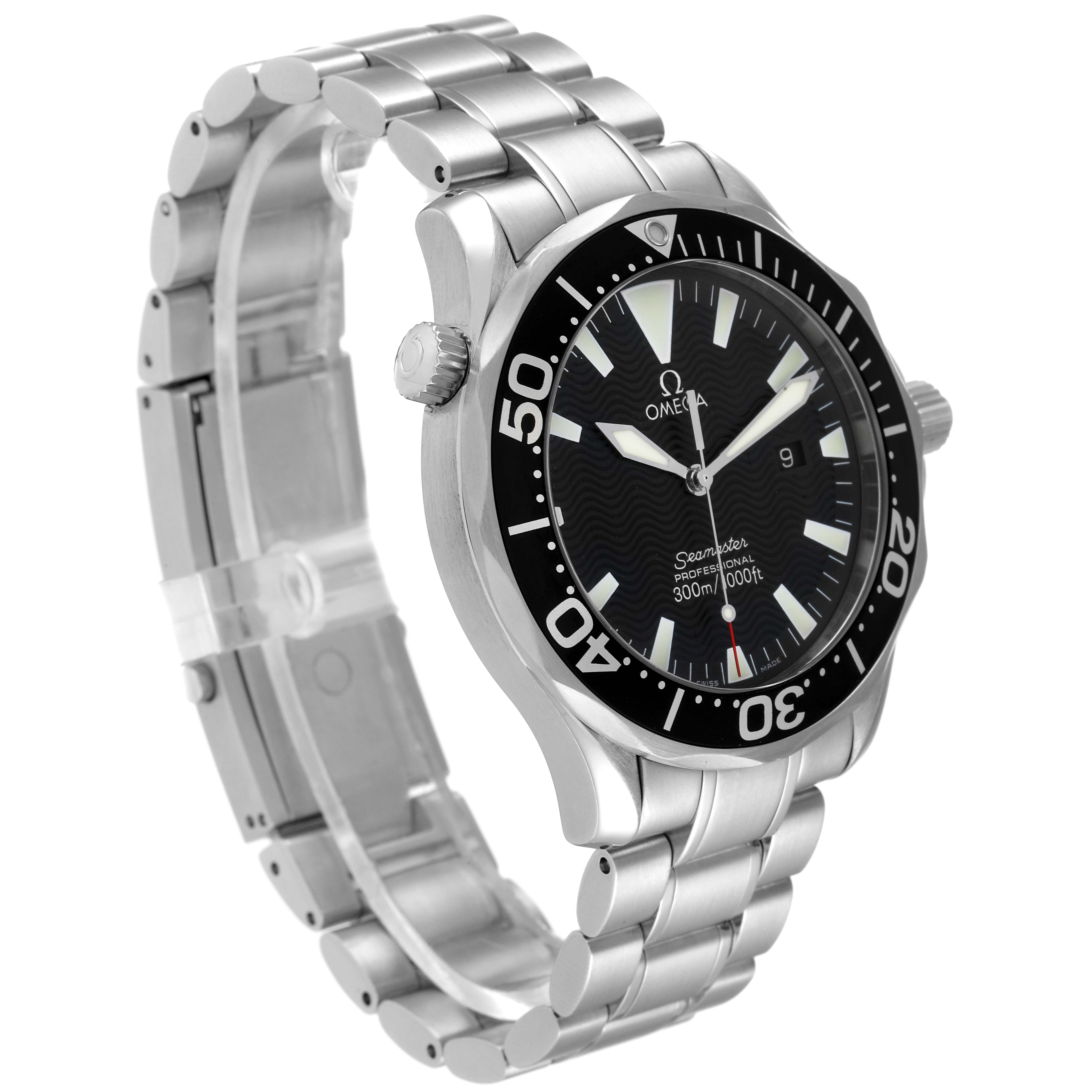 The Omega Seamaster 2264.50.00 Men's Stainless Steel Black Dial 2264.50.00 Men's Stainless Steel Black Dial watch is shown at an angled side view, highlighting the dial, bezel, crown, and metal bracelet.