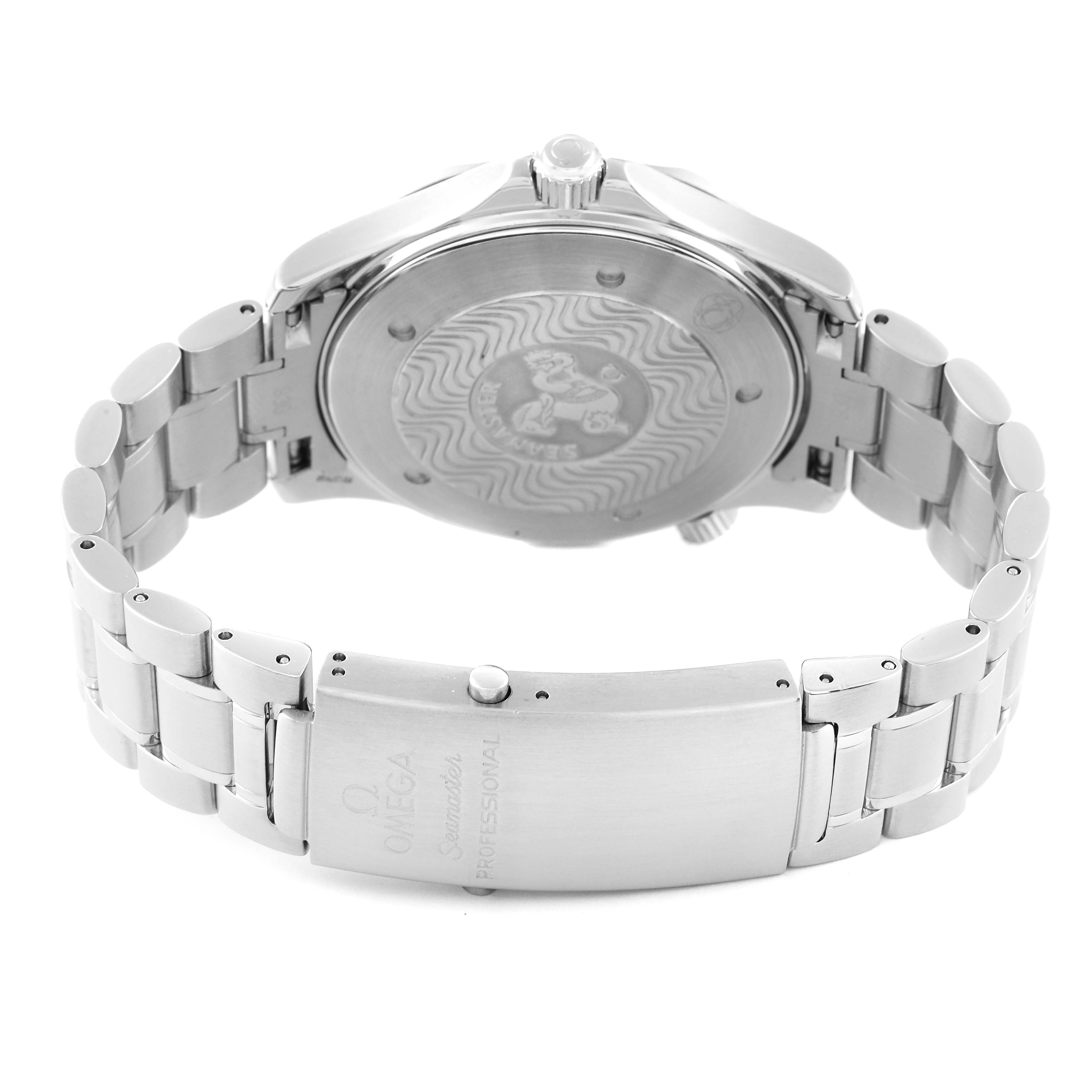 This image shows the back case and bracelet clasp of the Omega Seamaster 2264.50.00 Men's Stainless Steel Black Dial 2264.50.00 Men's Stainless Steel Black Dial watch from a rear angle.