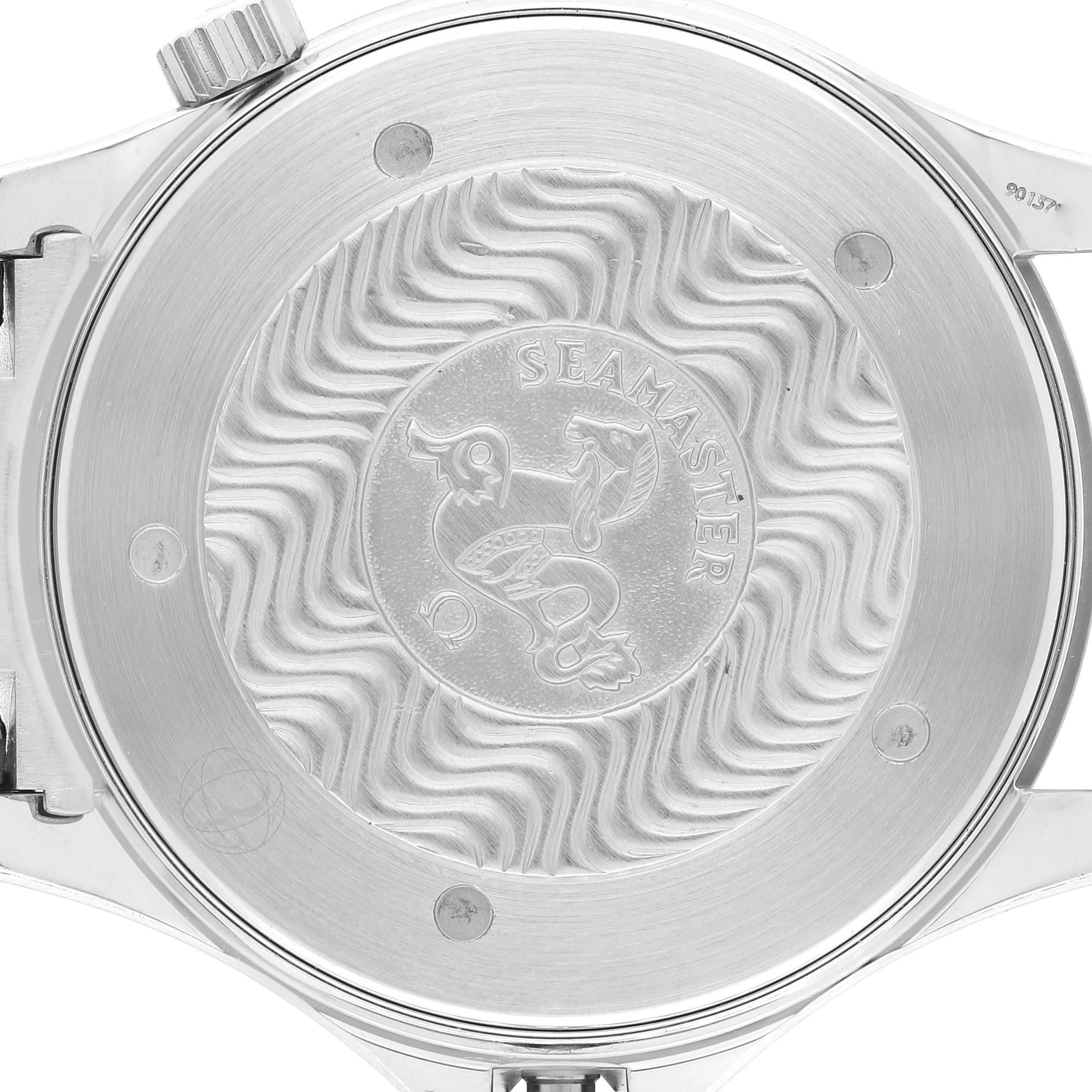 The image shows the back case of an Omega Seamaster 2264.50.00 Men's Stainless Steel Black Dial 2264.50.00 Men's Stainless Steel Black Dial watch with the trademark insignia.